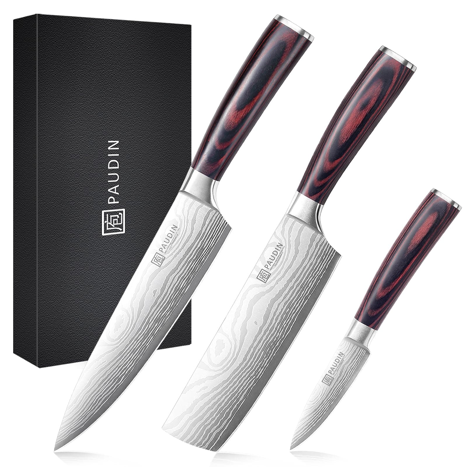 PAUDIN Professional Chef Knife Set, 3-Piece High Carbon Stainless Steel Kitchen Knives with Ultra Sharp Blade & Dark Brown Wooden Handle ,Ideal for Arabic Cuisine, Lamb & Beef Cutting
