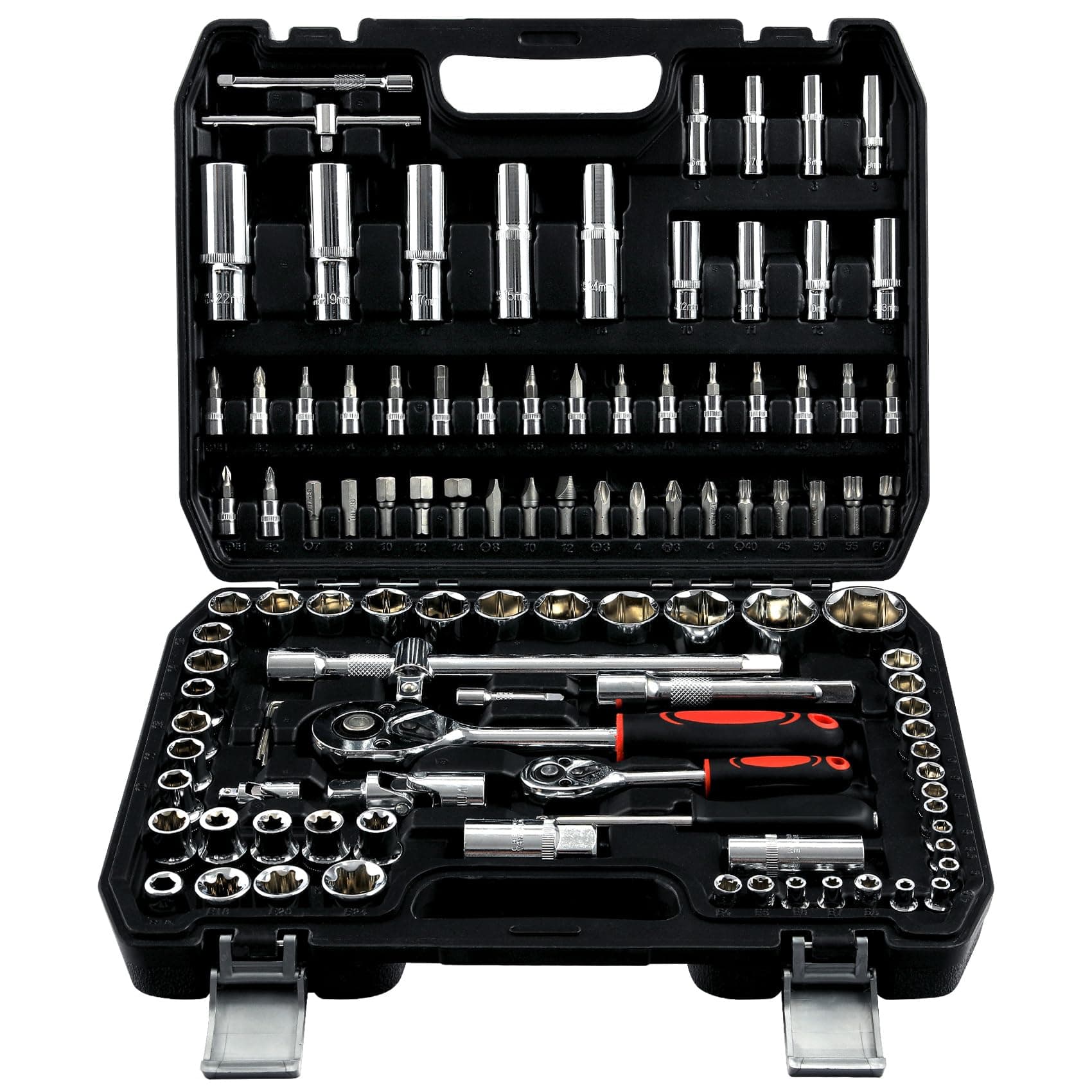 PIRIPARA 108 Piece Mechanics Tool Set Metric And Standard 1/4" & 1/2" Socket Set, Ratchet Set, Universal Joint, Extension Bars, Quick Release Reversible Ratchet Wrench, Plastic Toolbox Storage
