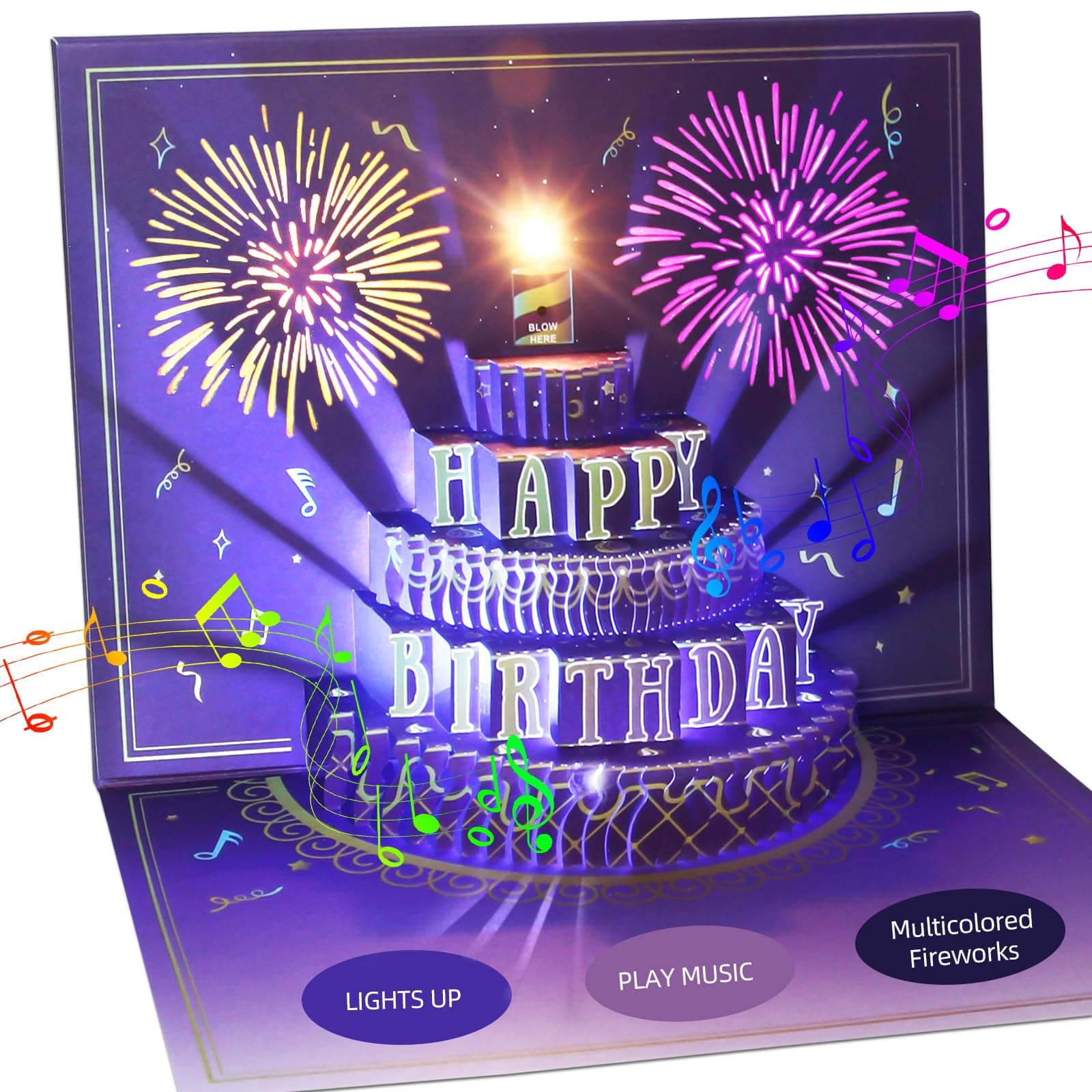 XTF2015 Happy Birthday Cards Fireworks, Lights, Music and Sound Fireworks Cake 3D Pop Up Birthday Cards Gift with Envelope and Note Tag for Women, Men, Kids, Wife, Mom, Husband