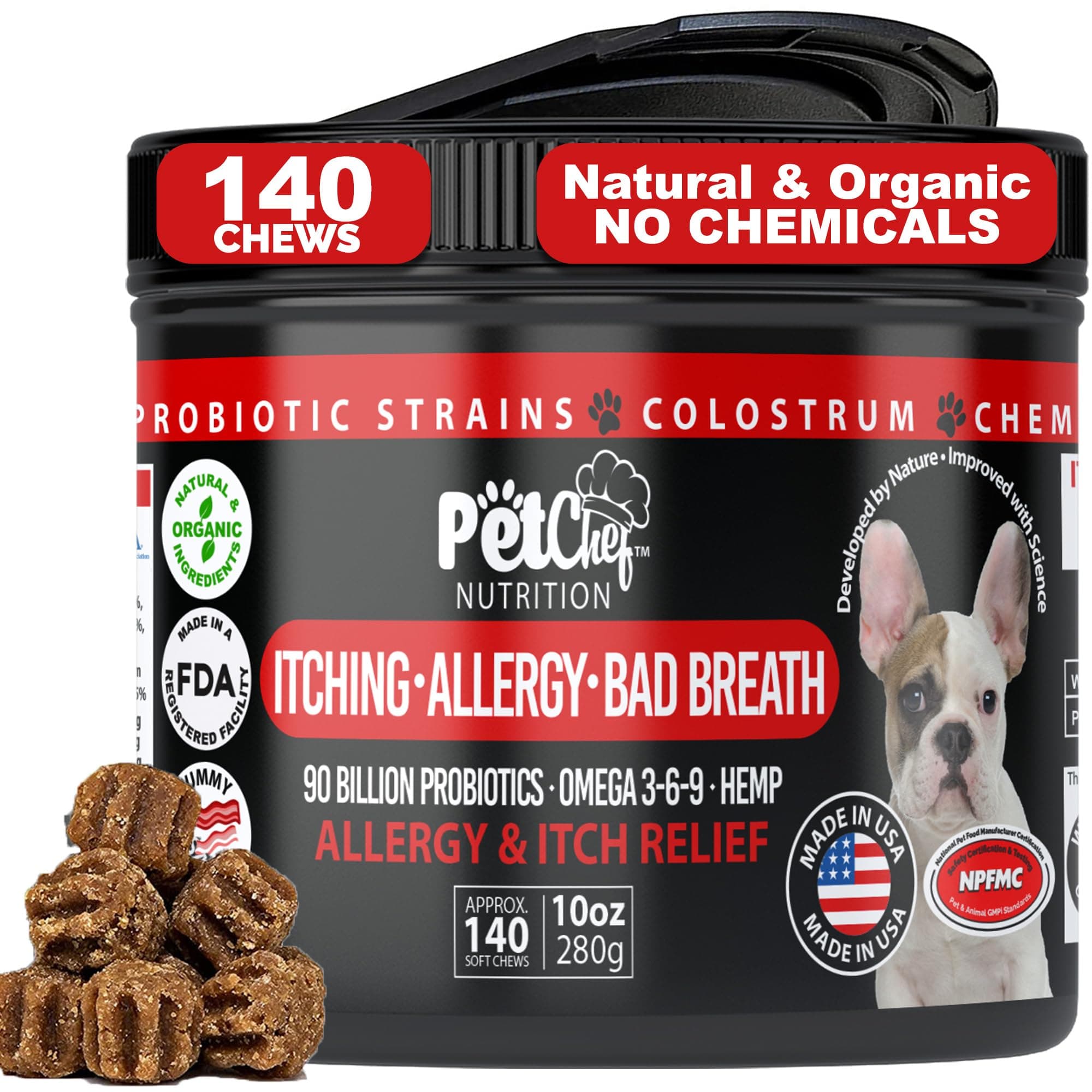 Pet Chef Dog Stop Itching Relief Chew - Anti Itch for Dogs with Omega 3, Salmon Oil - Bacon Flavor - Easy Allergen-Free Immune System Support - Top Allergy Medicine for Dogs. 140ct. Best Value!