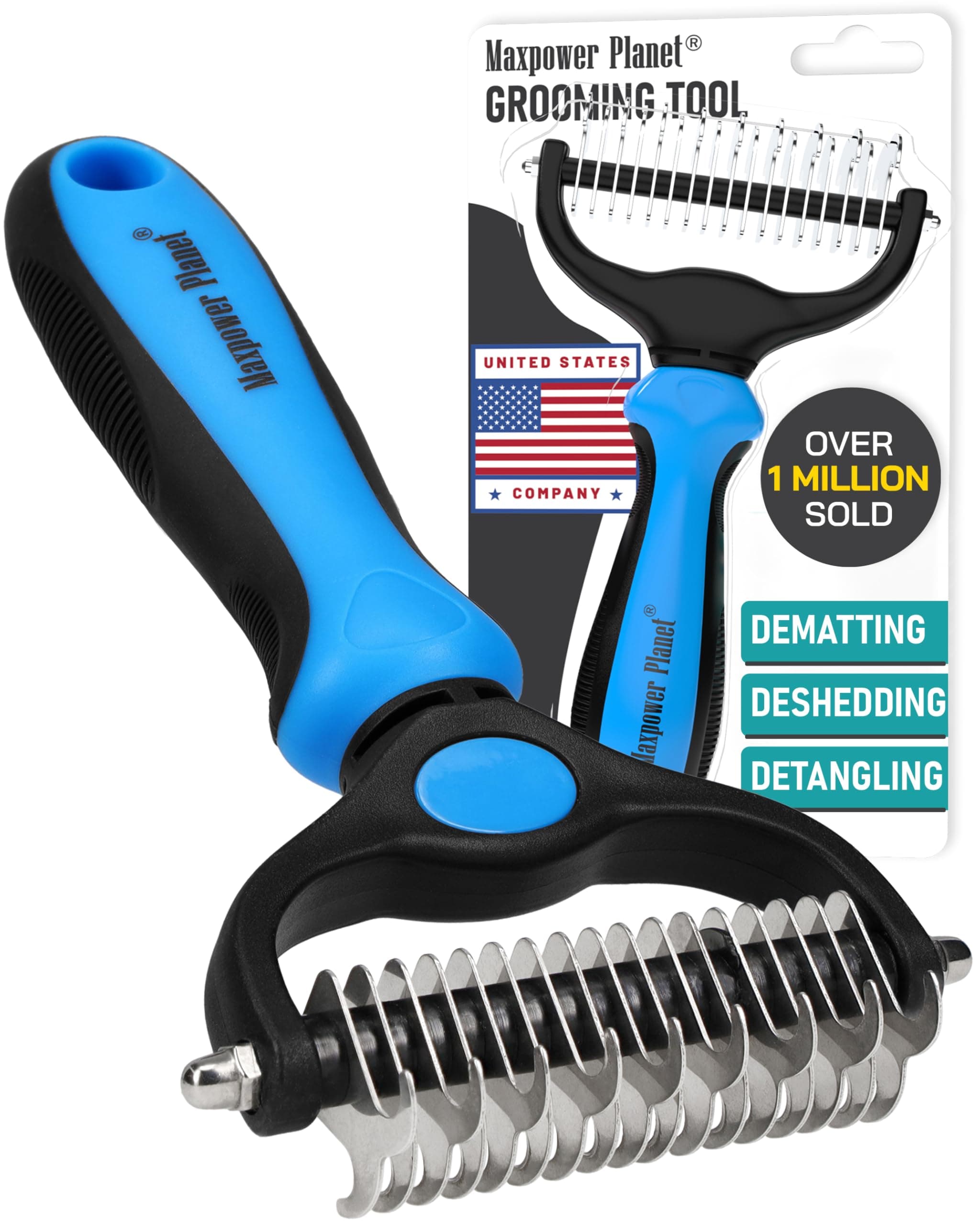 Maxpower Planet Pet Grooming Brush - Double Sided Shedding and Dematting Undercoat Rake Comb for Dogs and Cats with Long Hair and Short Hair,Extra Wide,Blue