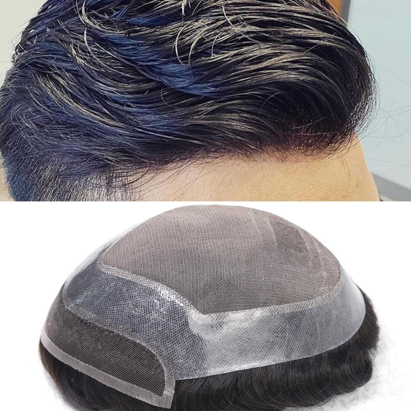 Men's Toupee Swiss Lace Front Human Hair Pieces for Men Fine Mono Top With Pu Around Mens Hair Replacement System Protesis Capilar Hombre #1B Off Black Color 7X9 Inch