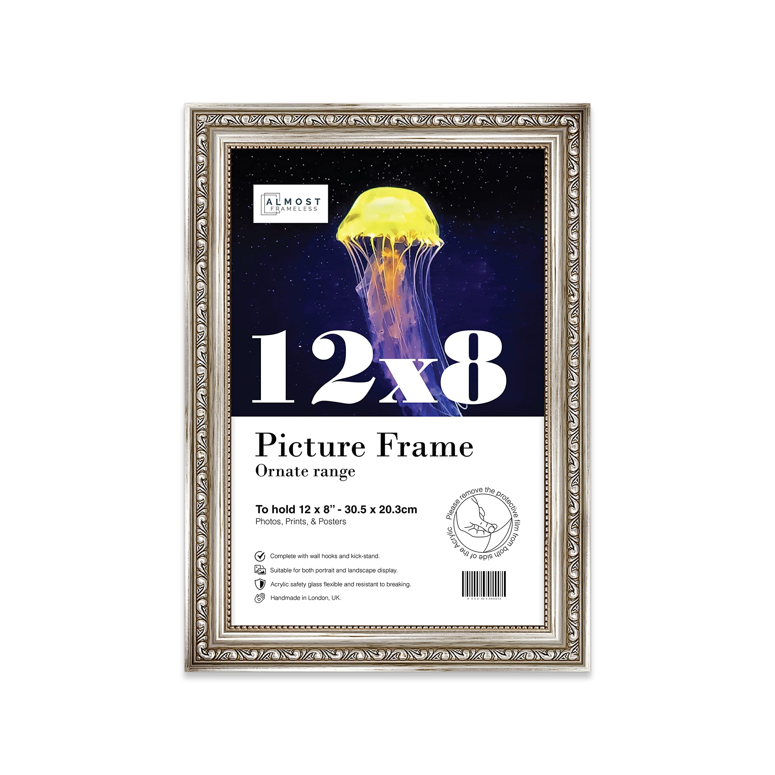 Almost Frameless 12x8 Silver Ornate Picture Frame 12"x8"(30.5x20.3cm) Poster, Photo, Artwork, or Print. Shabby Chic Style Portrait and Landscape Display with Wall Hooks