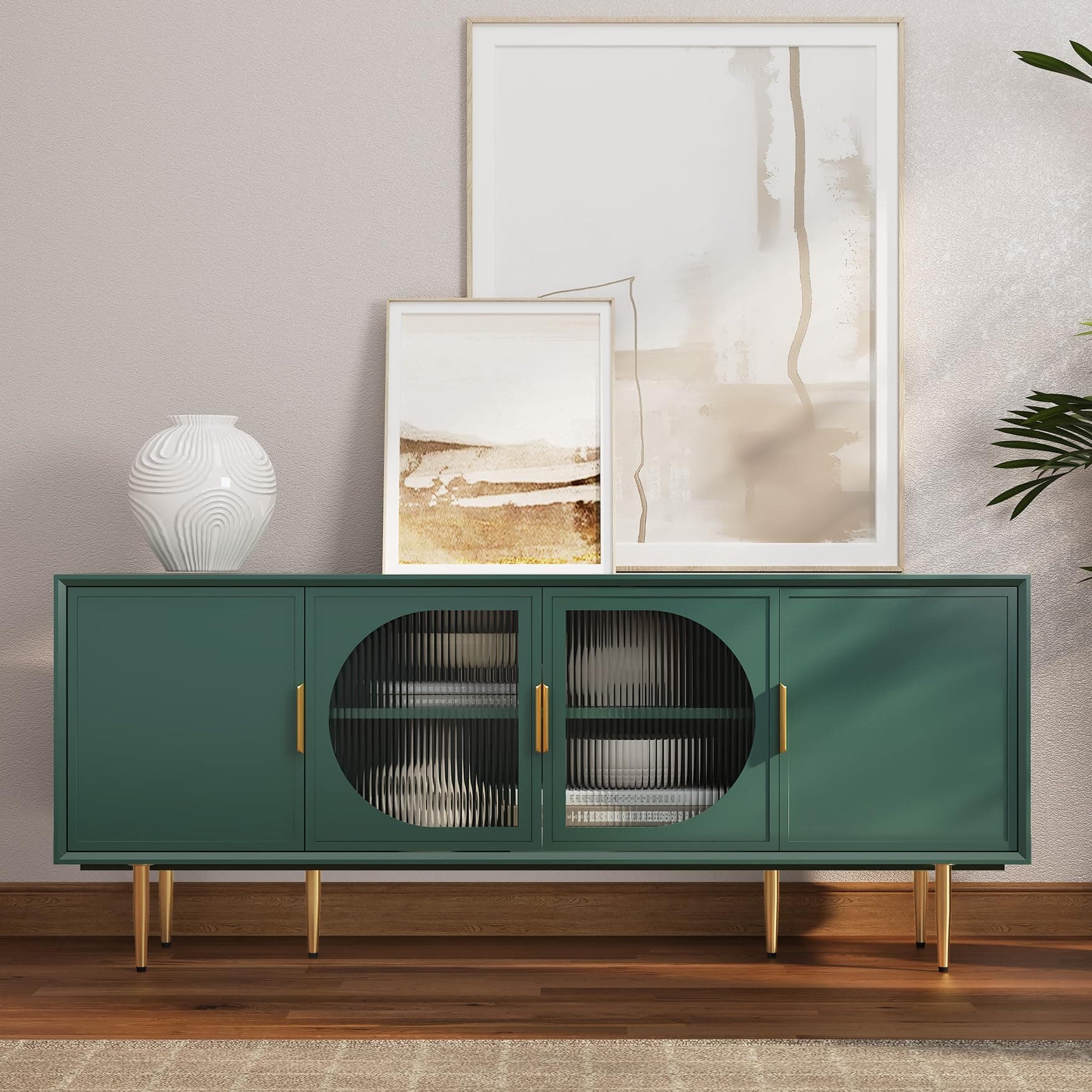 ARTPOWER TV Stand with Storage, 66" Modern TV Entertainment Center for TVs up to 75 Inch, Under TV Cabinet with Glass Door, TV Console Media Center for Living Room, Bedroom Green