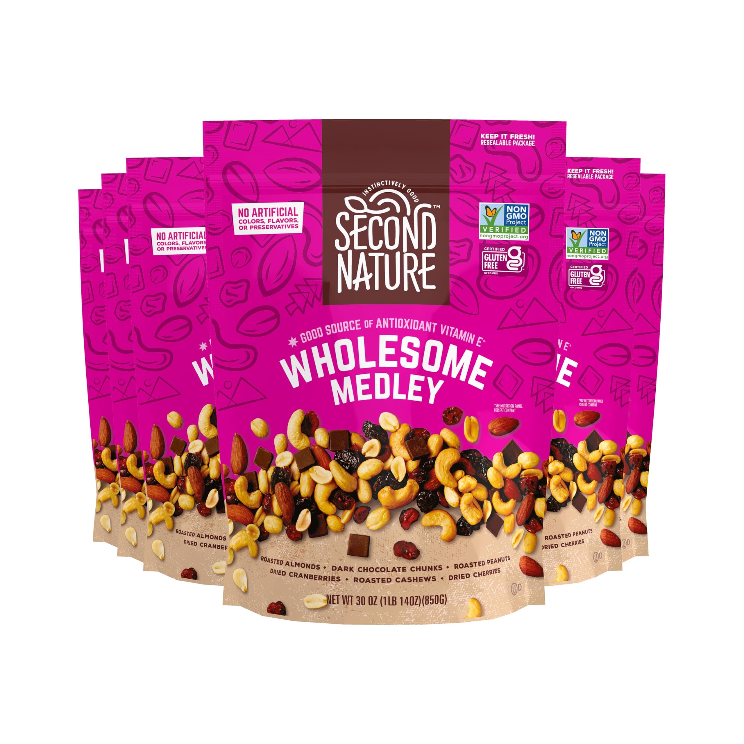 Wholesome Medley Trail Mix - 30 oz Resealable Snack Pouches (Pack of 6), Certified Gluten-Free Snack – Dark Chocolate, Dried Fruit and Nut Trail Mix, Ideal for Travel Snacks