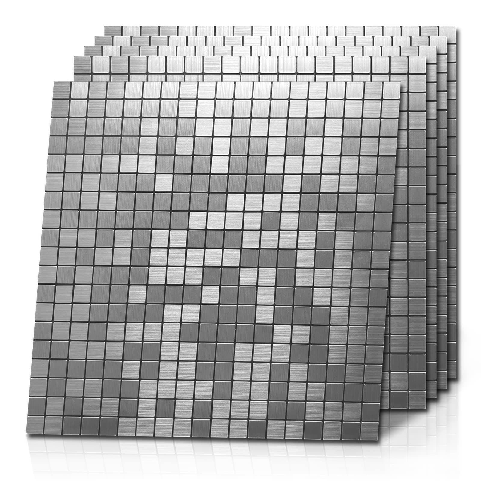 Yooker Peel and Stick Backsplash Tile Brushed Aluminum Surface Metal Mosaic Sticker for Kitchen Wall (5 Sheets, Brushed Silver)
