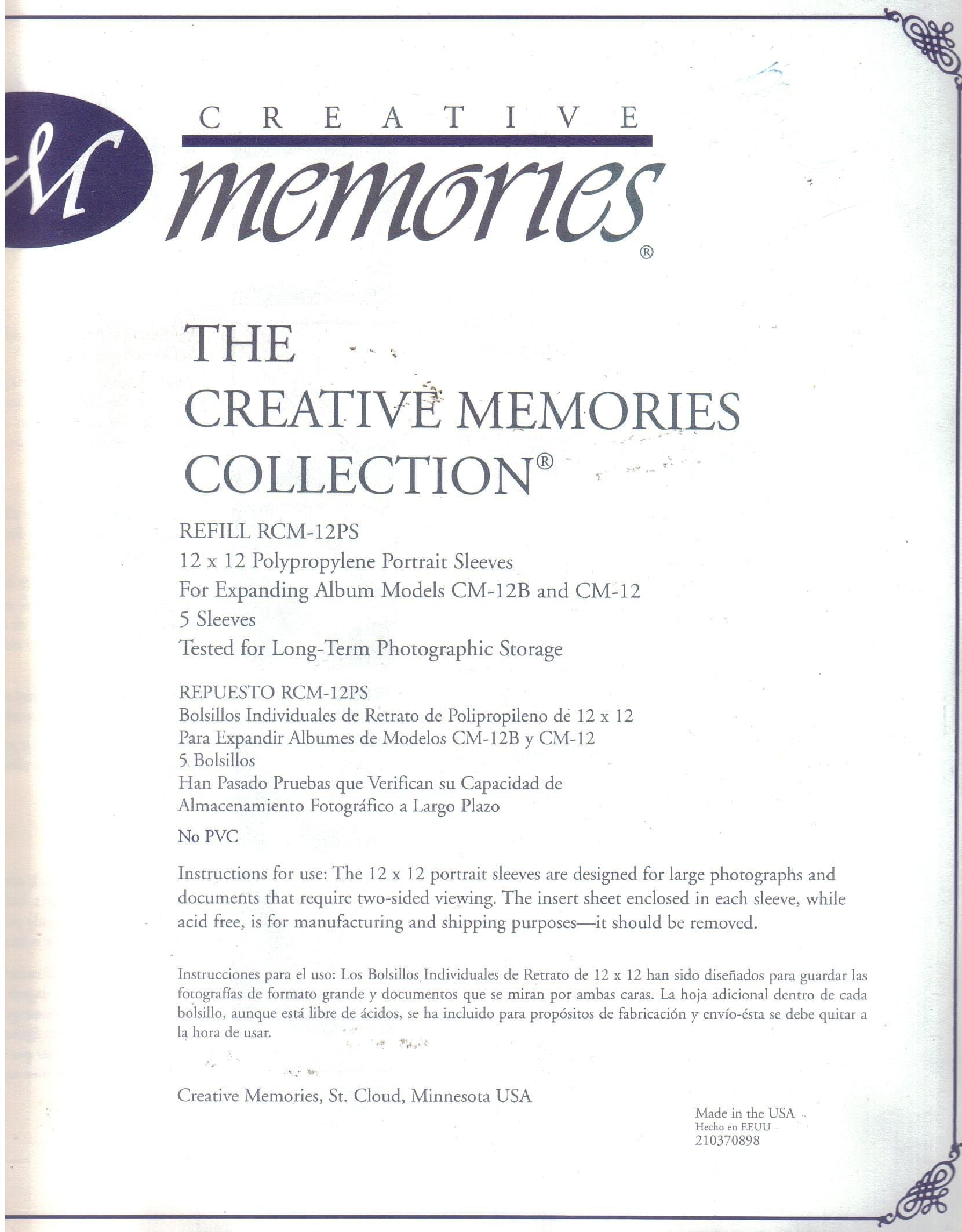 Creative Memories Collection, 12x12 Polypropylene Portrait Sleeves Refill Pages RCM-12PS for Expanding Album CM-12 and CM 12B, 5 sleeves