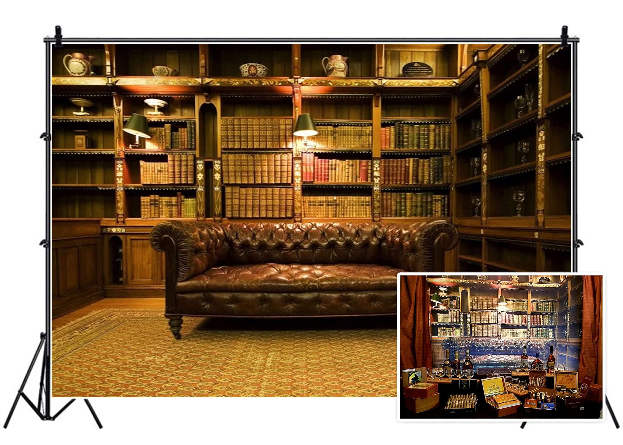 Leyiyi8x6ft Photography Background Vintage Study Backdrop Royal Luxry Shelf Frame Office 3D Carpet Leather Sofa Retro Castle Hardcover Books Antique Curio Lantern Photo Portrait Vinyl Studio Prop