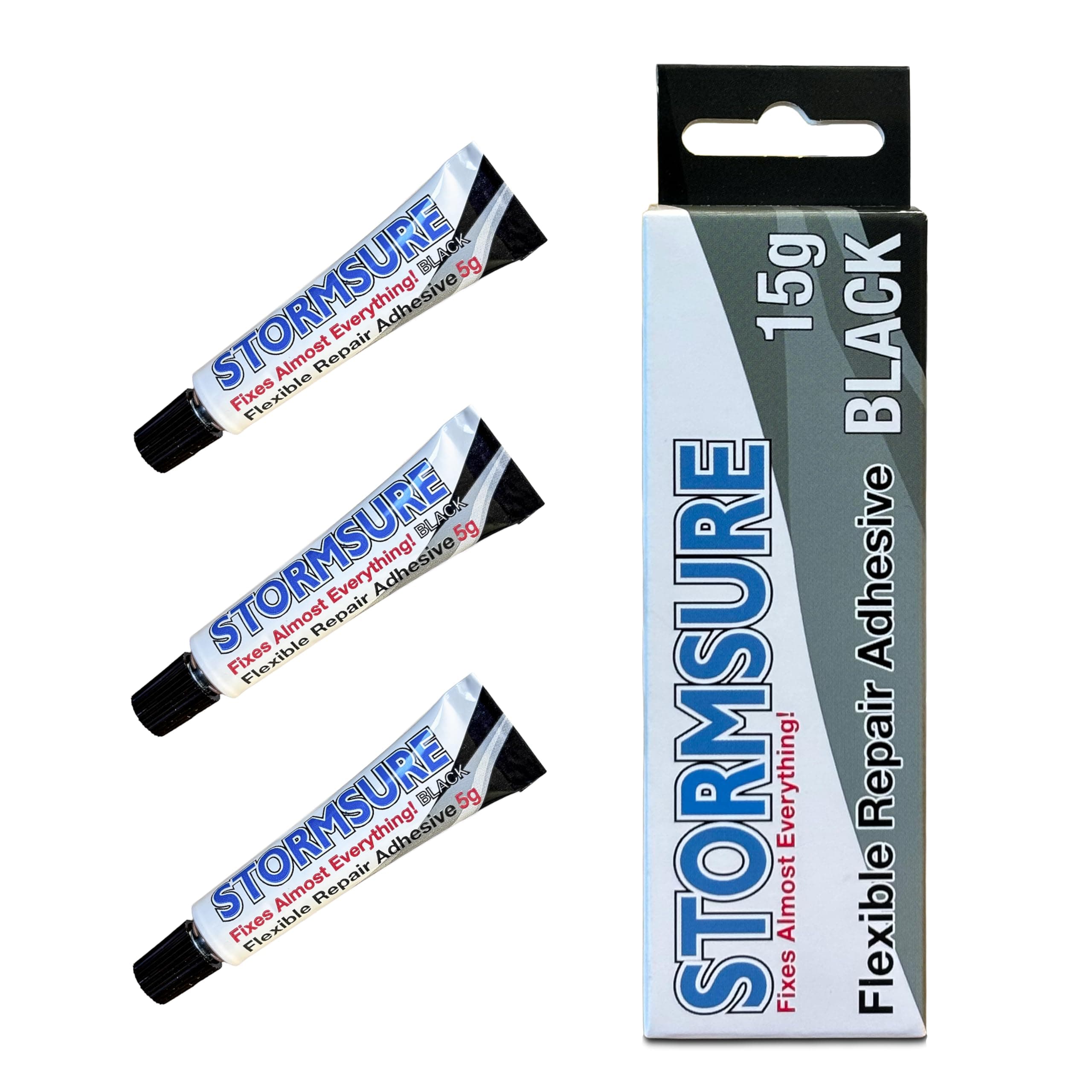 Stormsure Flexible Repair Adhesive 3x5g (Black) - Strong, Highly Durable Bonding Adhesive for Waterproof, Flexible Repairs