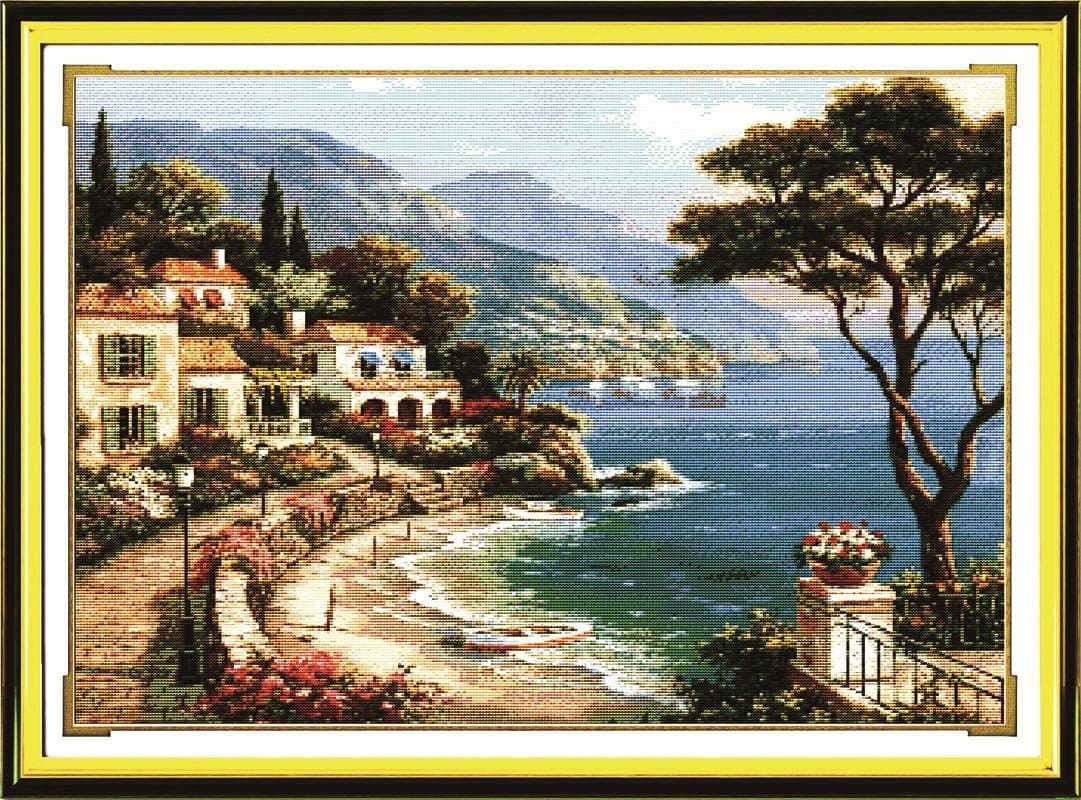 Benway Counted Cross Stitch Seaside with Boat House Trees and Mountain 14 Count 65cm X 53cm