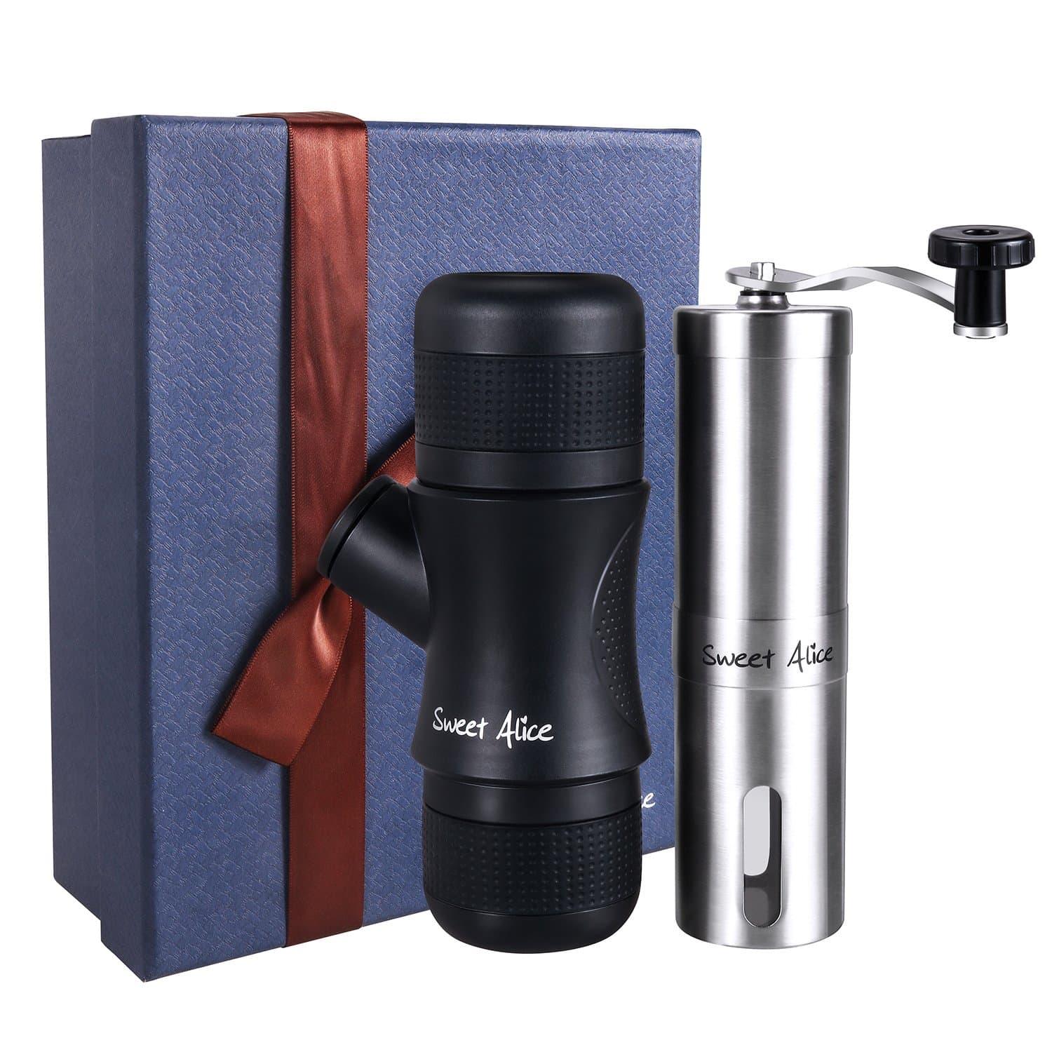 Portable Espresso Maker & Manual Coffee Grinder Gift Set HandHeld Pressure Coffee Machine for Home Office Travel Outdoor Mother's Day Gift