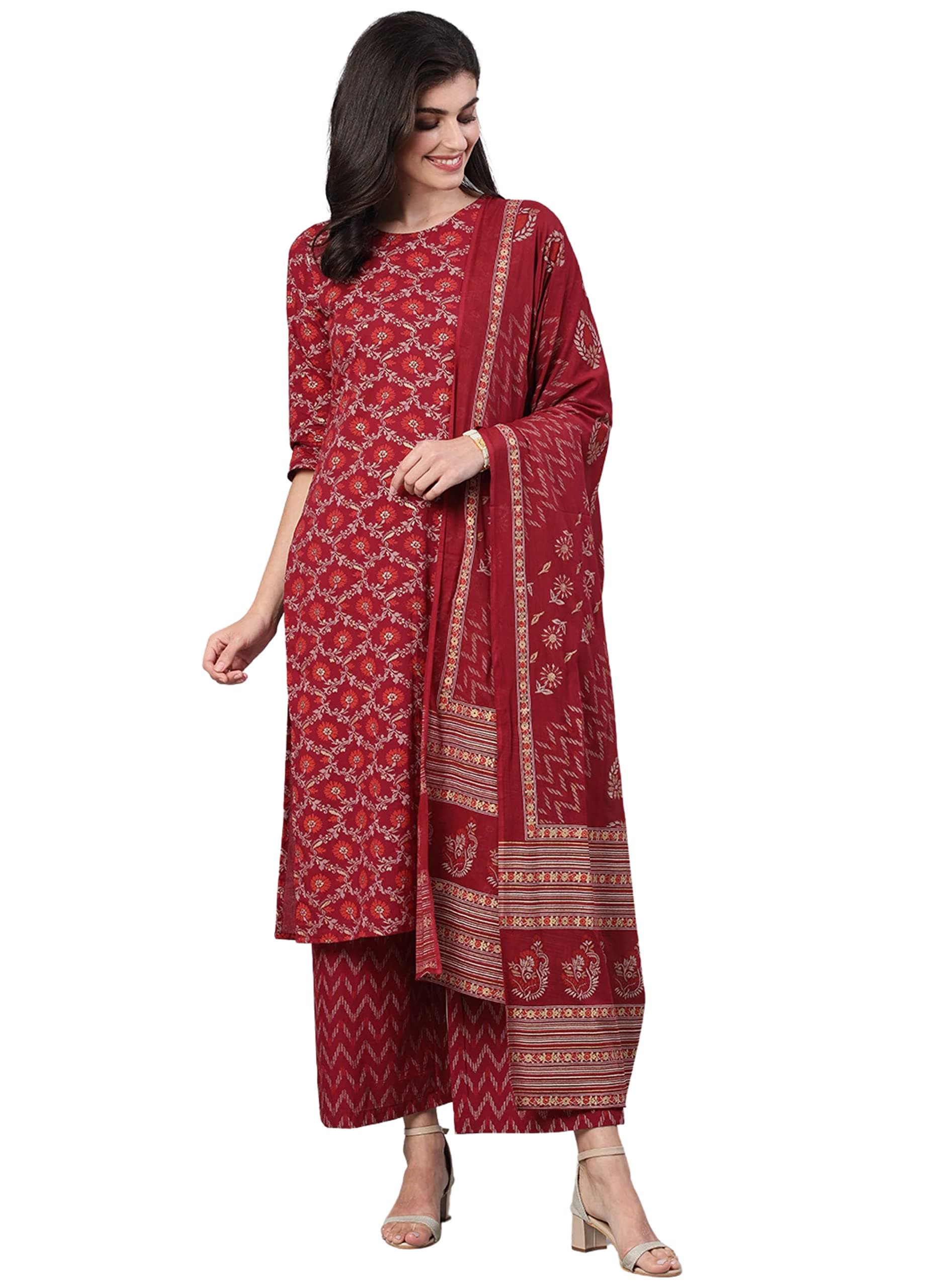 Amayra Women's Rayon Printed Straight Kurti with Palazzos and Dupatta Set