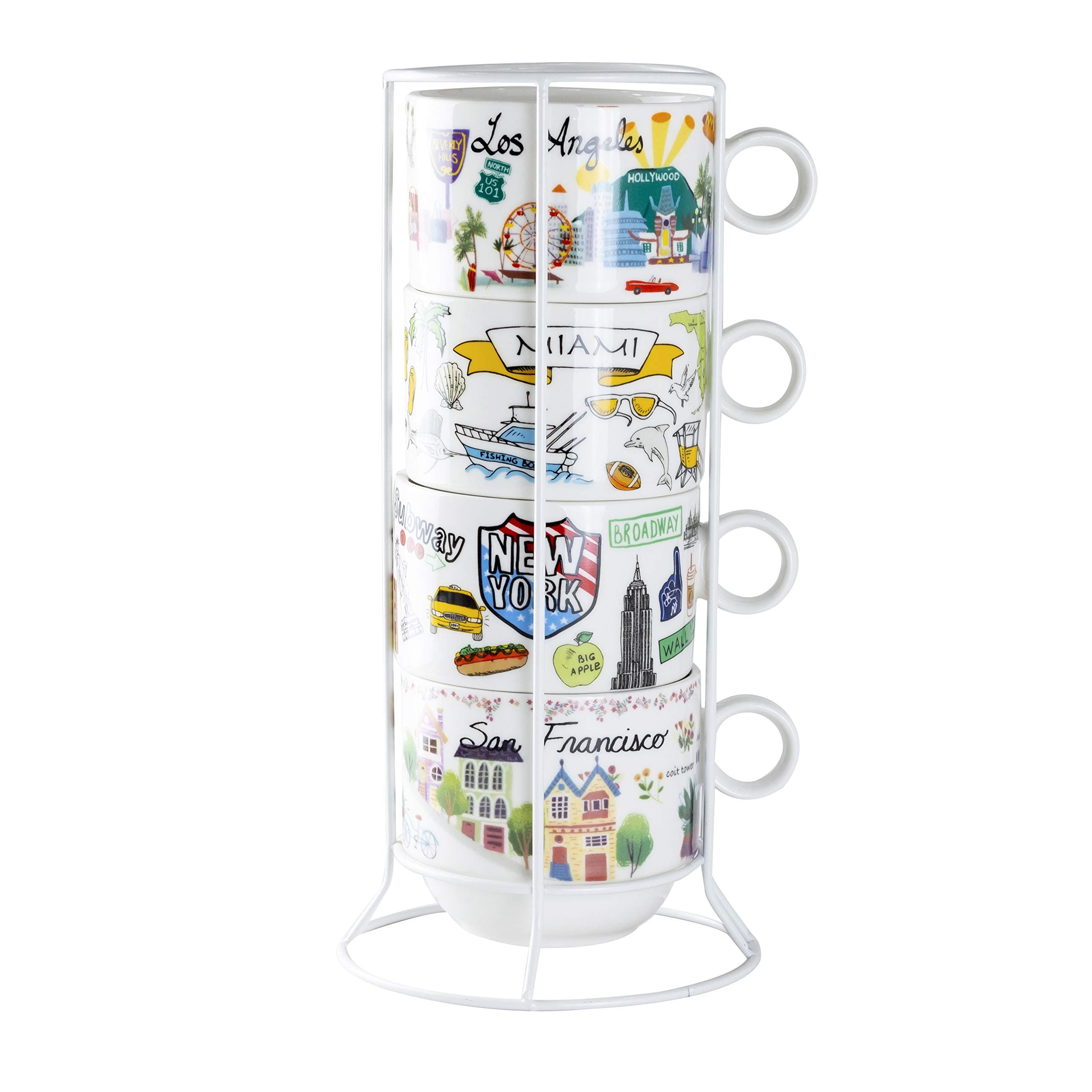 Gracie China by Coastline Imports Stackable 4-Piece Porcelain Coffee Mug Set (New York, San Francisco, Los Angeles, Miami), multicolor, medium (35770-USA-102TBD)