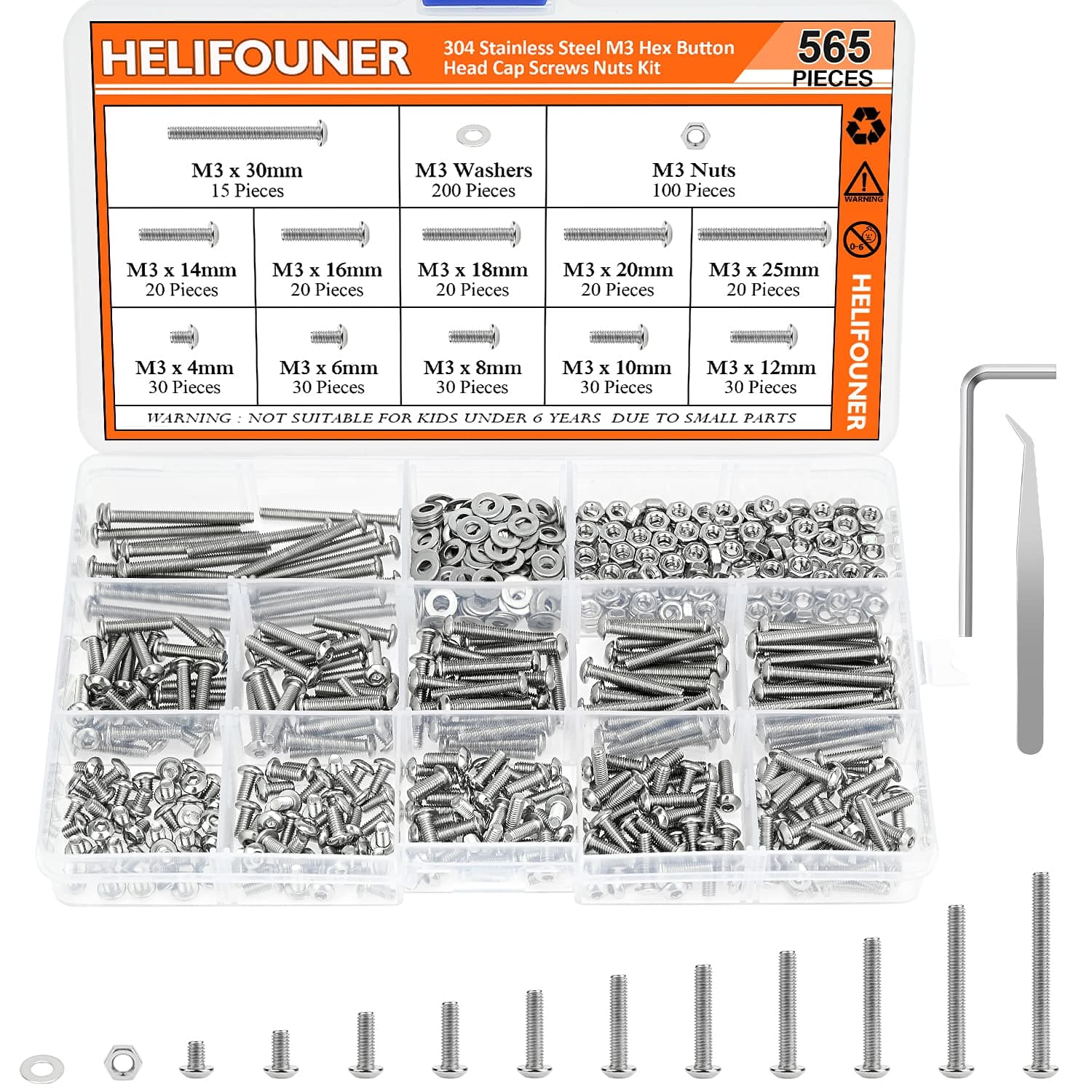 565 Pieces M3 x 4mm /6mm /8mm /10mm /12mm /14mm /16mm /18mm /20mm /25mm / 30mm, Hex Button Head Cap Metric Screws Bolts Washers Nuts Kit, 304 Stainless Steel
