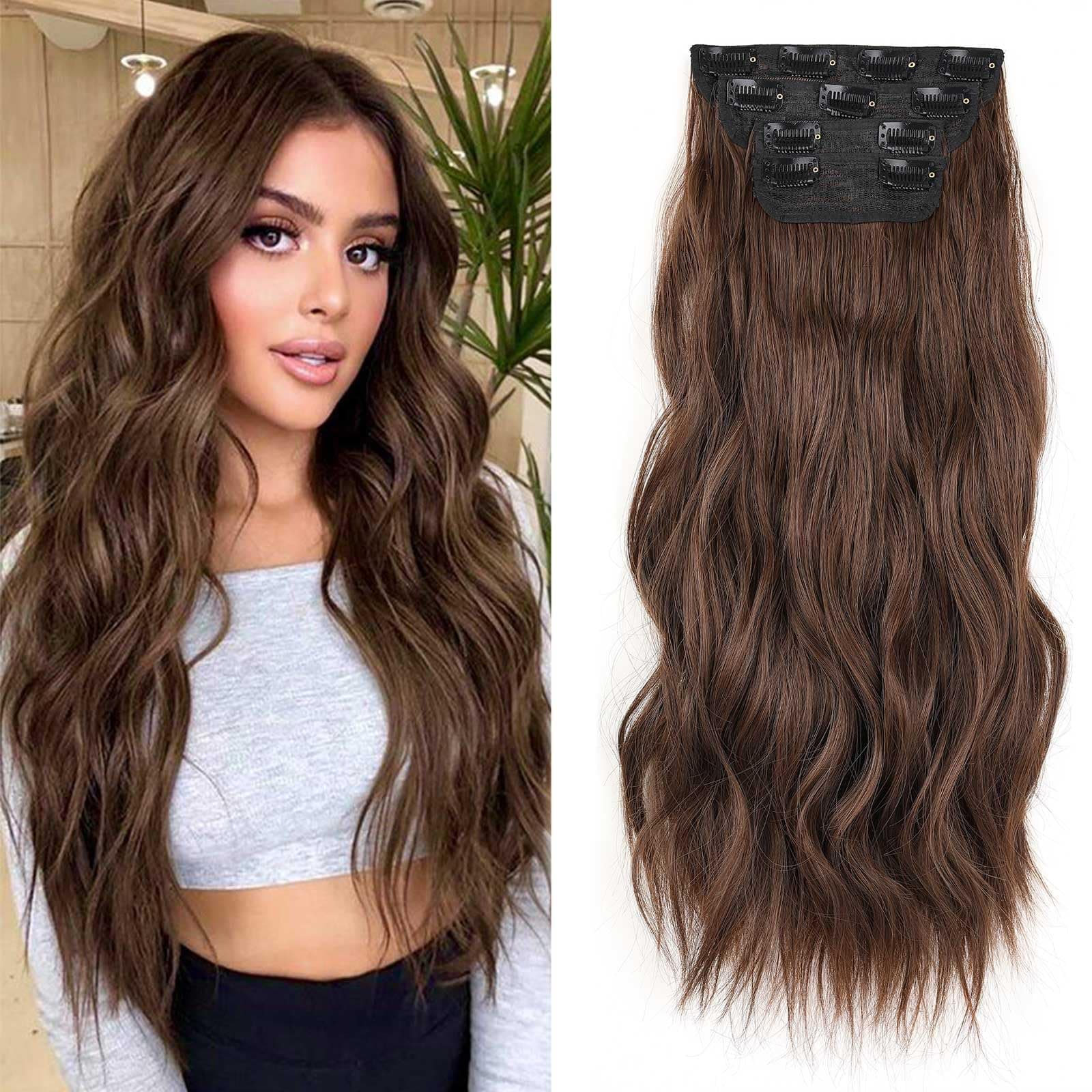 XTREND 16Inch Curly Hair Extensions Dark Brown Clip in Hair Extensions Synthetic Hair pieces for Women Girls 4PCS Full Head Set Thick Curly Wavy Synthetic Hair Extensions(9#)