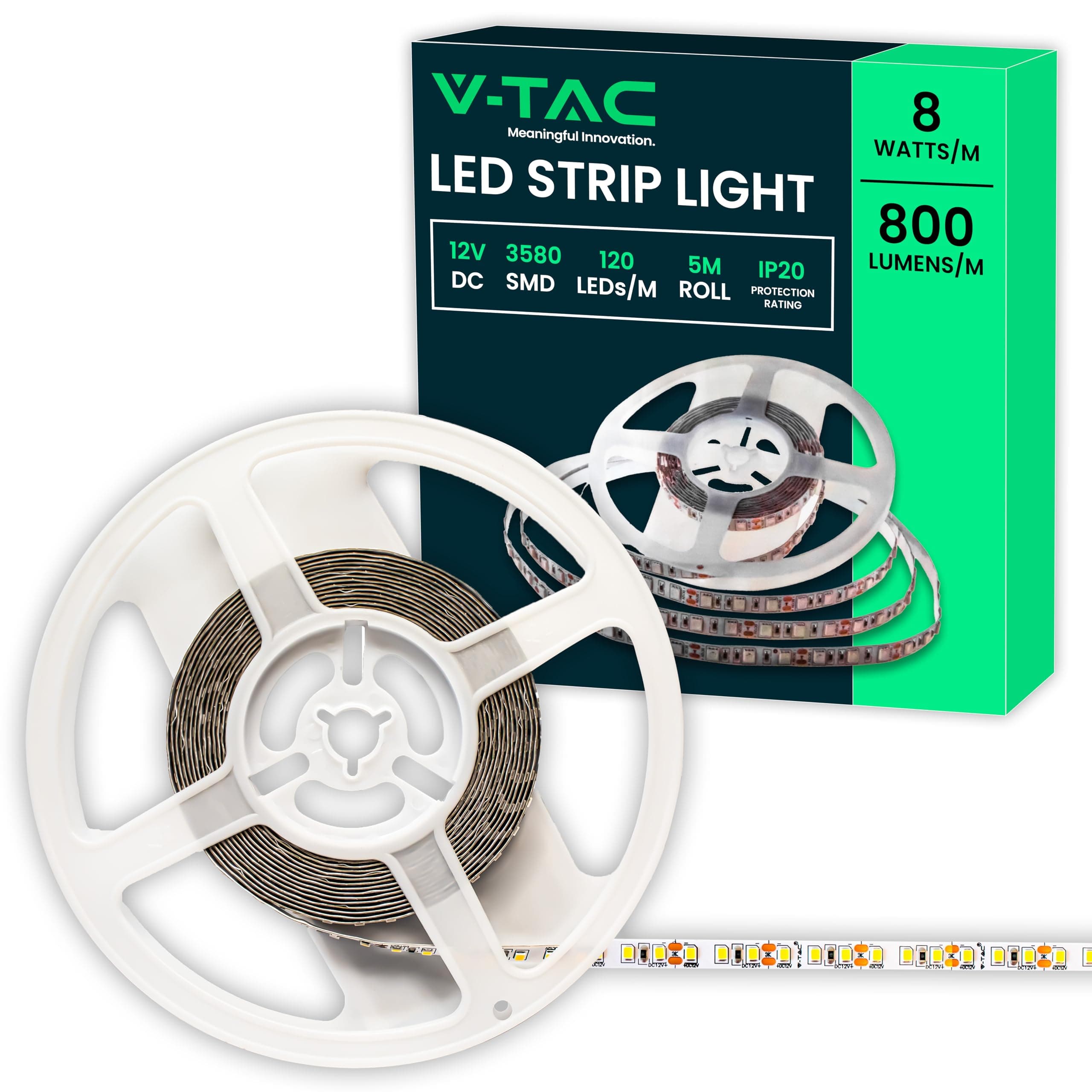 V-TAC SMD 3528 LED Strip 8W 5 Meters Self Adhesive Home Kitchen Bedroom Indoor 800 Lumens Power Supply 12V Cool White 6500K