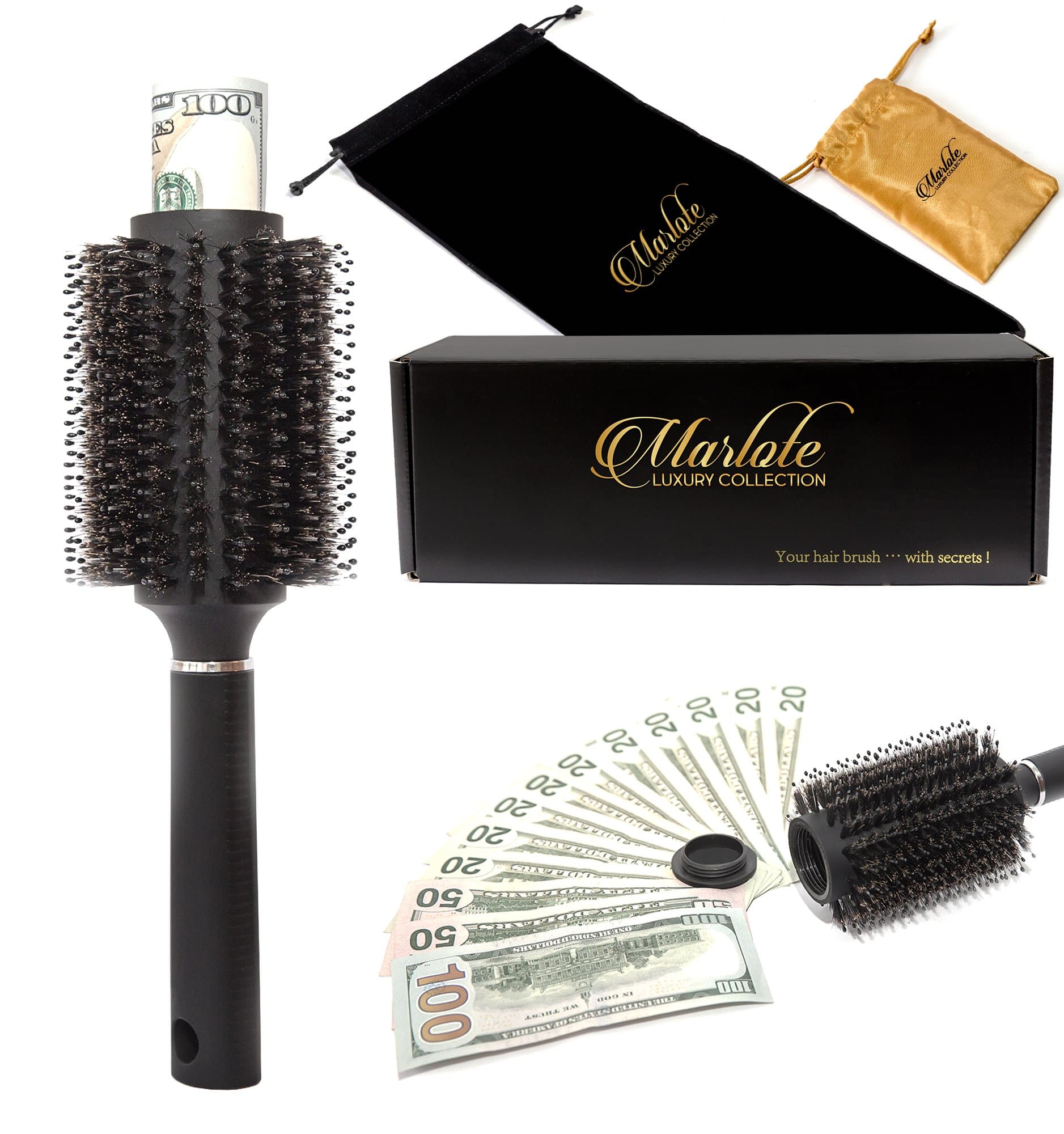 Hair Brush Diversion Stash Safe by Marlote - Round Barrel Comb Styling Brush Secret Stash For Money, Jewelry, Vape Pen, & More - Free Gift Box - Satin Jewelry Bag - Velvet Carrying Bag