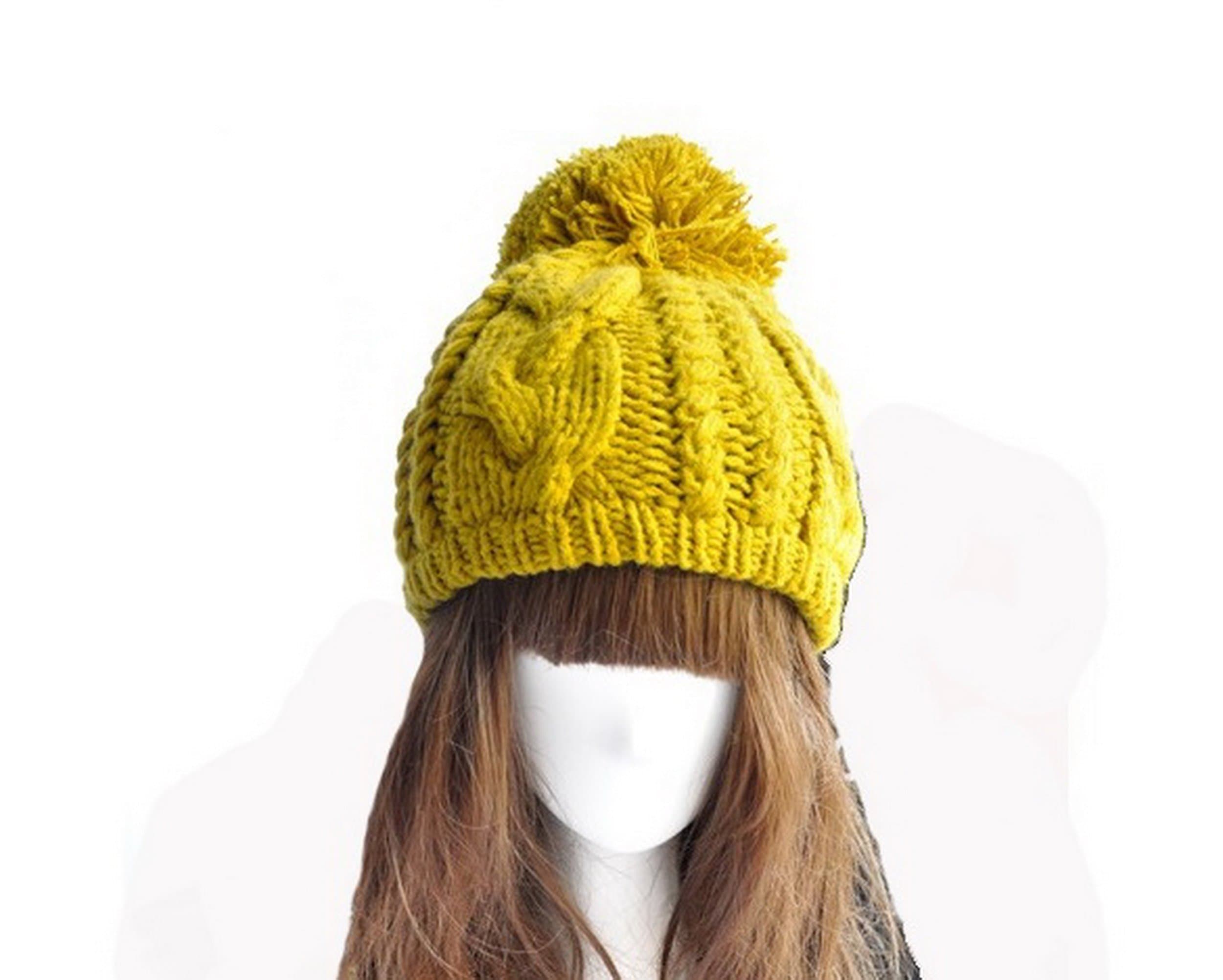 Hand Making Knit Female Cap With Unmixed Colours Ball Mustard Yellow