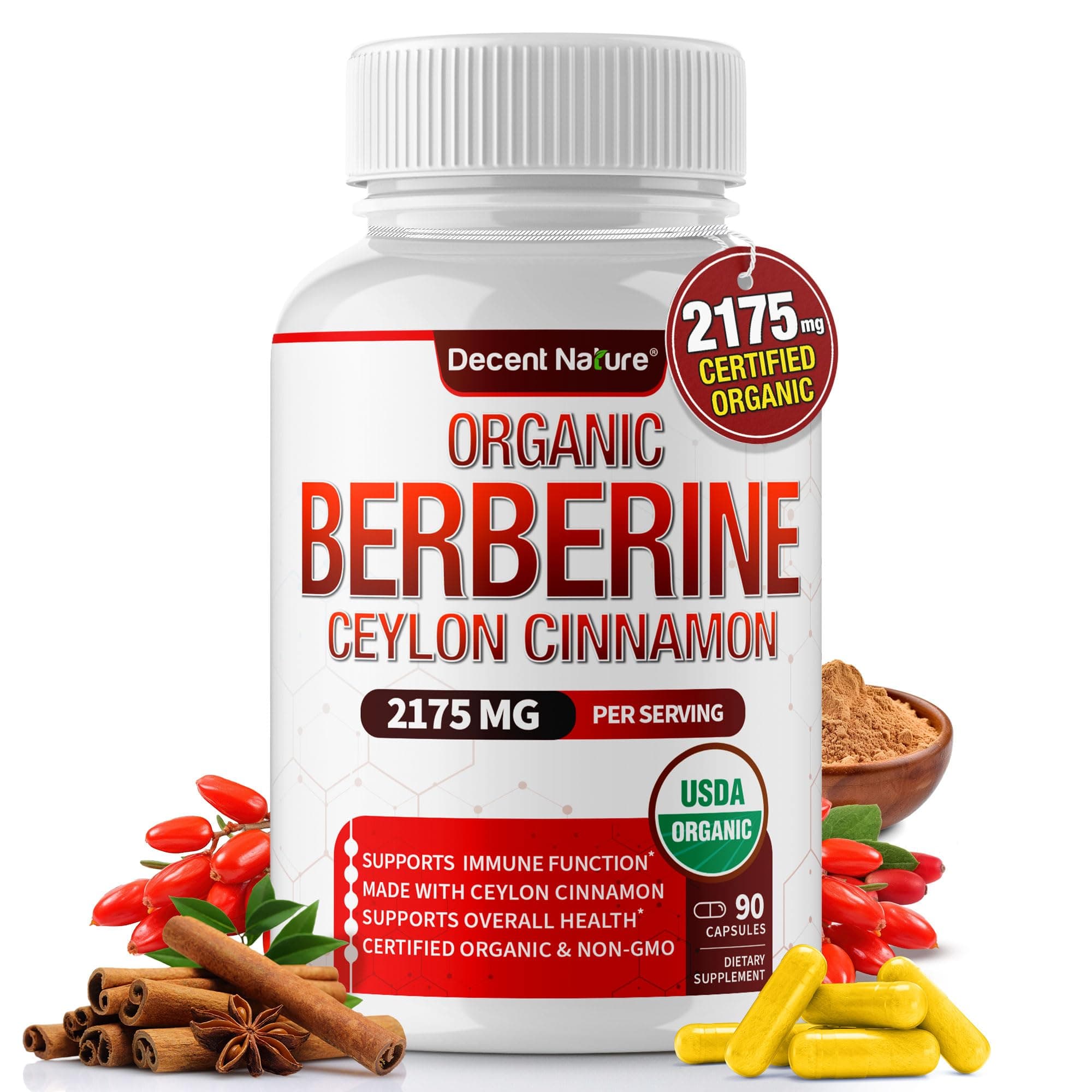 Organic Berberine with Ceylon Cinnamon 2175mg - Premium berberine supplement high purity extract USDA Organic, support immune system, Berberine Plus Complex, Non-GMO Vegan for Men Women 90 Capsules