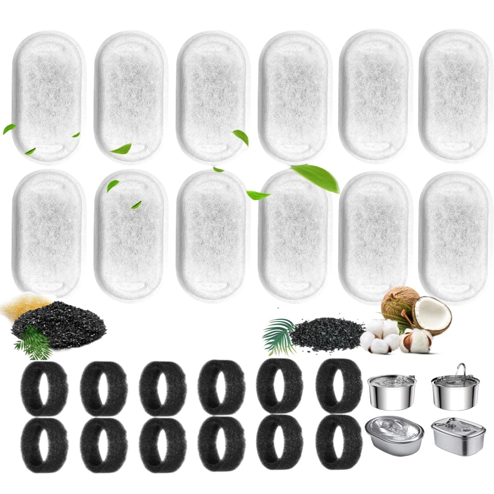 24PCS Cat Water Fountain Filters, Cat Fountain Filter Replacement for 108oz/3.2L & 67oz/2L Stainless Steel Cat Water Fountain, Pet Fountain Activated Carbon Replaced Filter(12Filter+12Sponge)