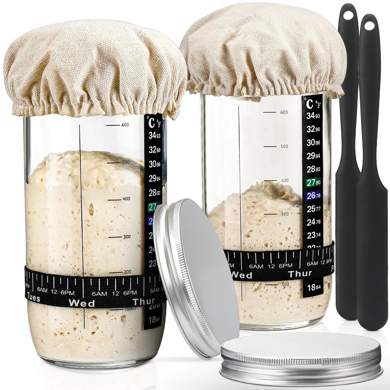 DWTS DANWEITESI Sourdough Starter Jar with Date Marked Feeding Band, Thermometer, Sourdough Fermentation Jar Scraper, Sewn Cloth Cover & Aluminum Lid, Sourdough Starter Kit Reusable(2pcs/24oz)