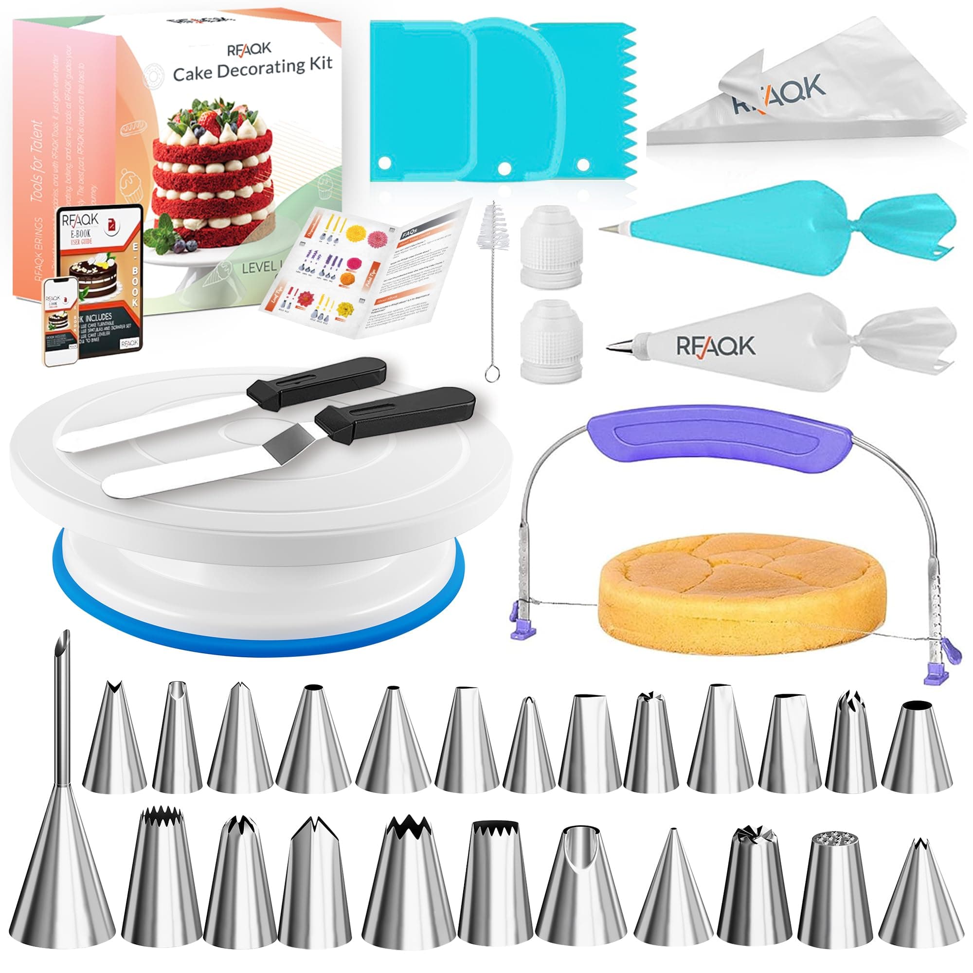RFAQK 64 Pcs Cake decorating supplies with Cake Turntable-Cake leveller- 24 Numbered Icing Piping Tips with Pattern Chart and EBook- Straight & Angled Spatula-30 Icings Bags- 3 Icing Comb Scraper set