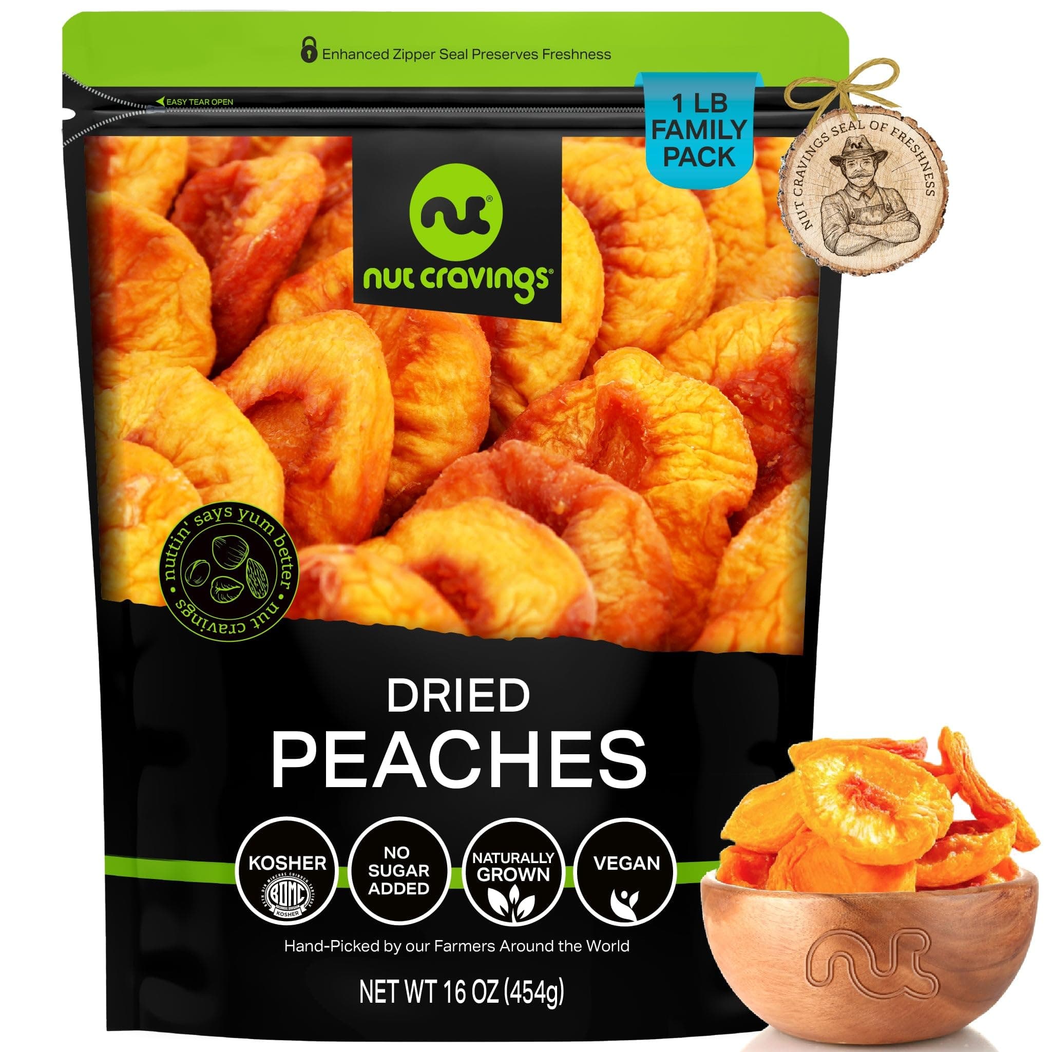 Nut Cravings Dried Fruits - Sun-Dried California Peaches, No Added Sugar (16 Ounces - 1 Lb) Fresh Packaged In Reusable Bag - Sweet Snack, Healthy Food, All Natural, Vegan