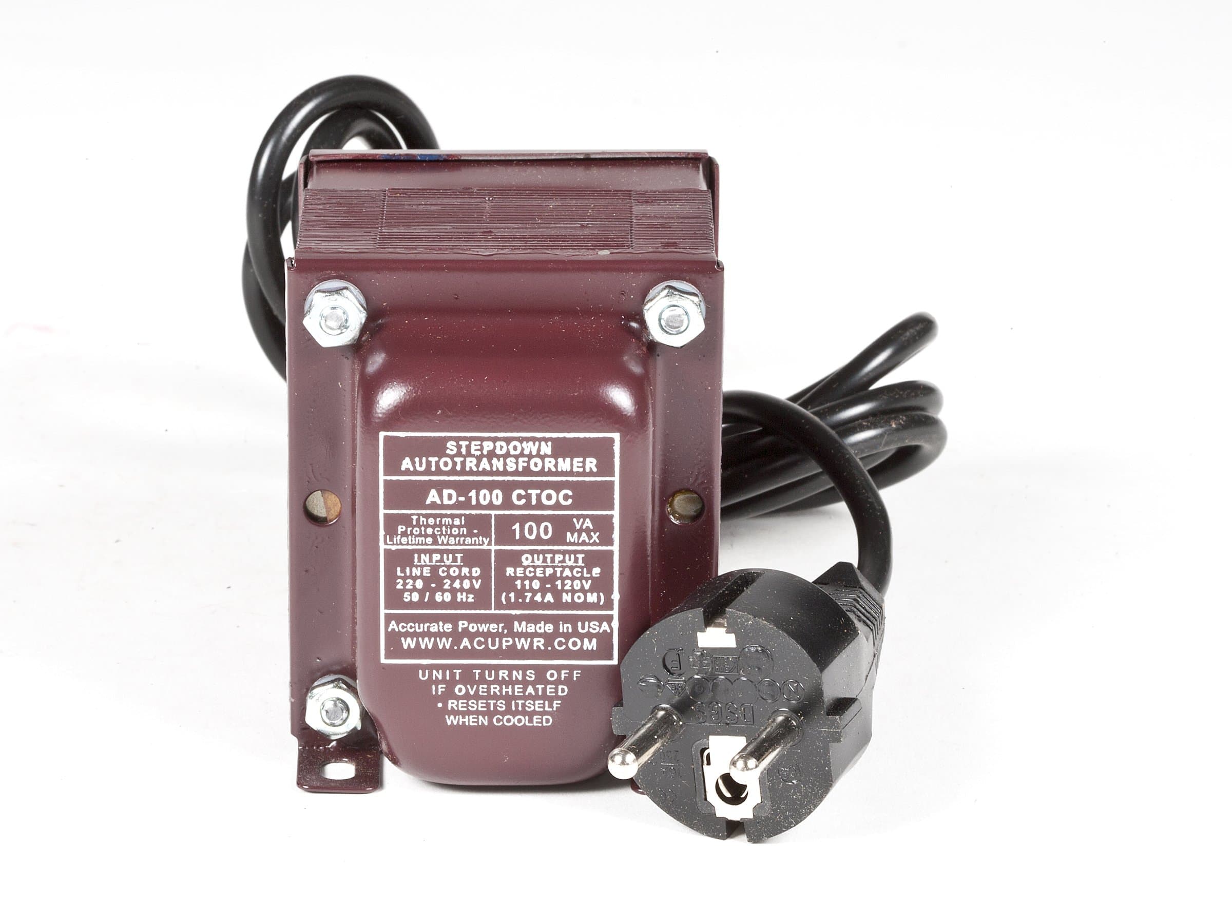 ACUPWR Tru-Watts 100-Watt Step Down Voltage Transformer with IEC C13 Input and Type F Schuko Plug/Power Cord – Use 110-120-volt Appliances in 220-240-volt Countries - AD-100IEC