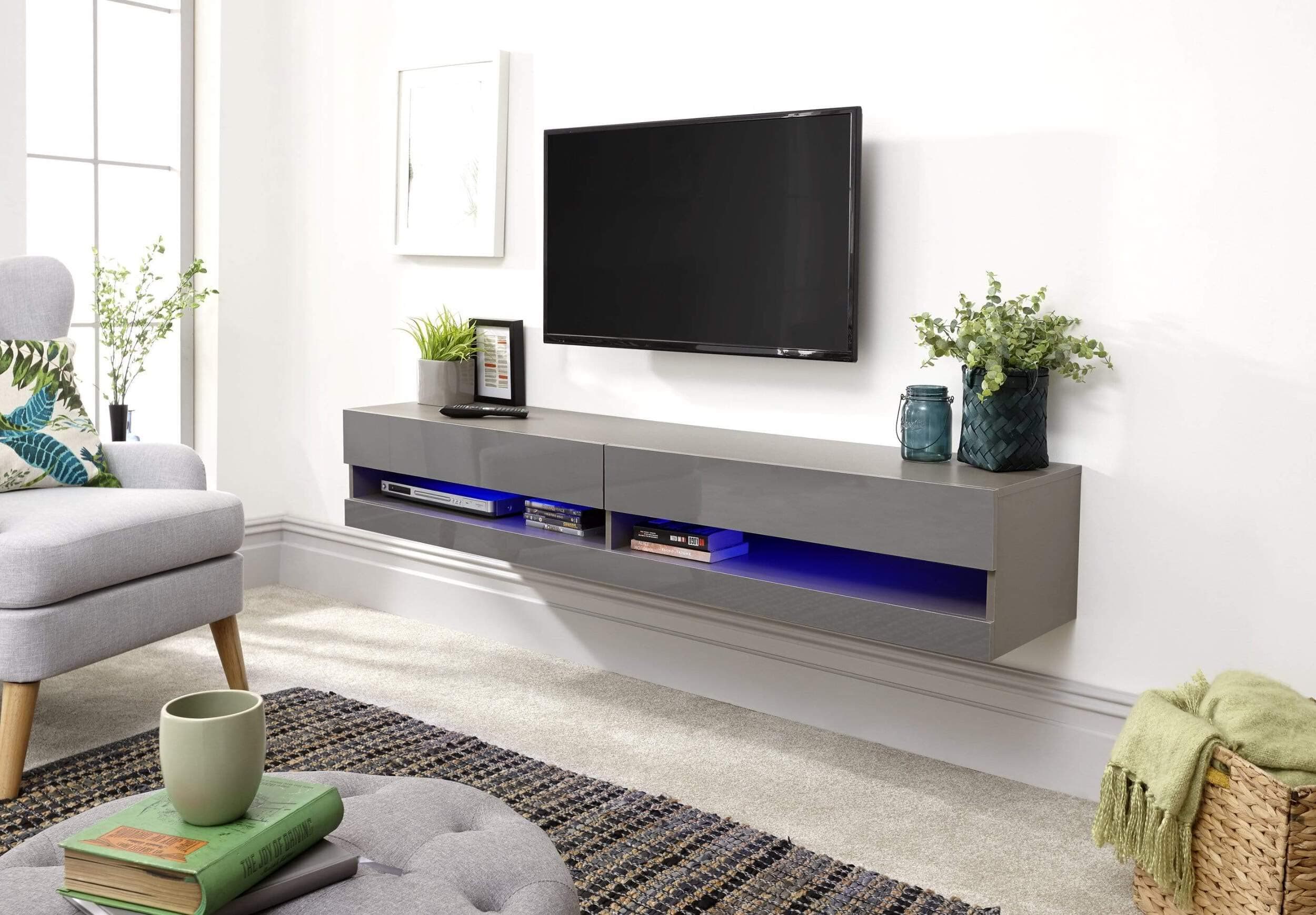 Galicia Wall Mounted Gloss TV Unit with LED - 150cm Grey