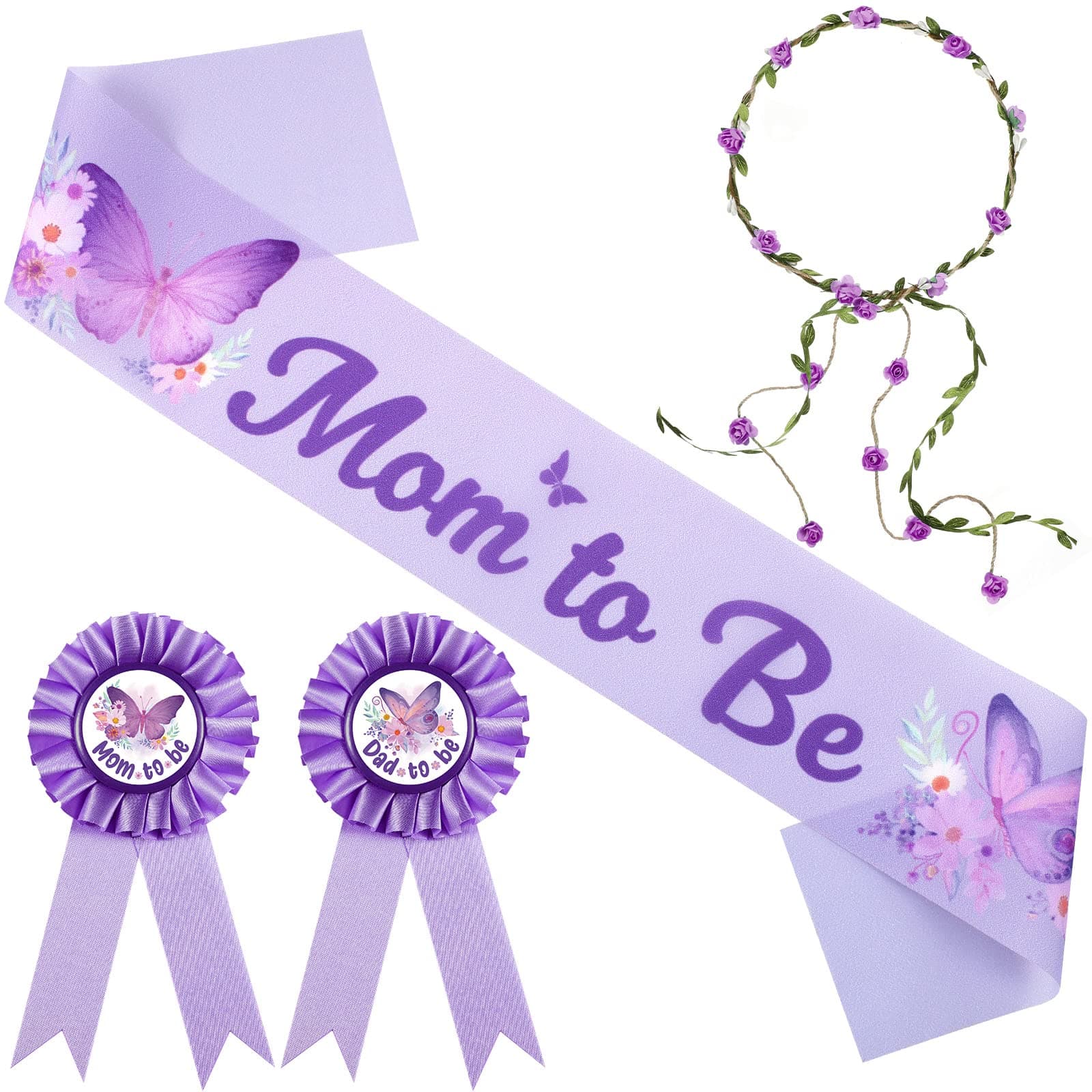 Chunful Butterfly Theme Mom to Be Sash Baby Shower Dad to Be Pin and Flower Crown Headband for Gender Reveals Party Baby Shower Party Favors Decorations for Girls Pregnancy Photo Props Gifts（Purple）
