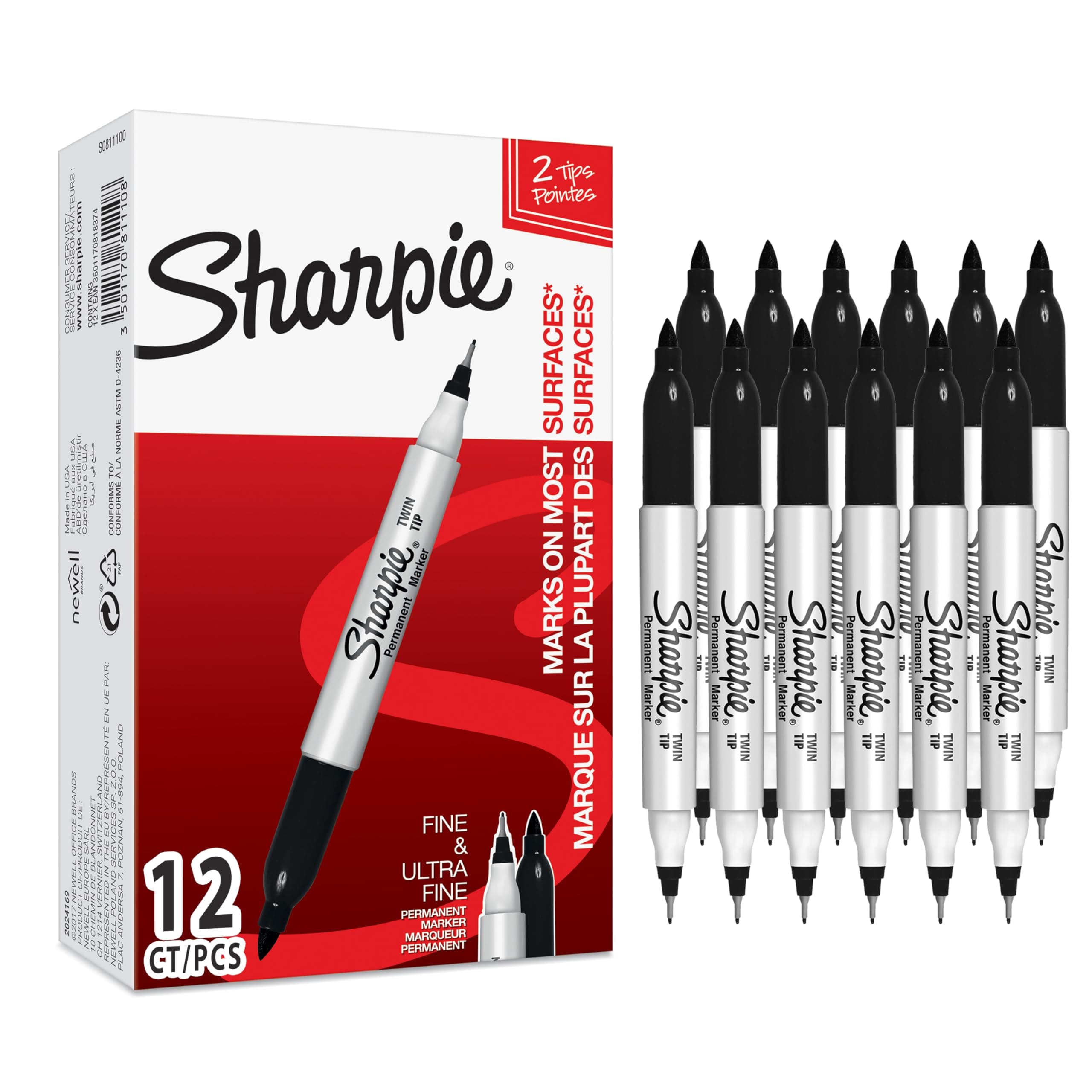 Dual Tip Permanent Markers | Fine & Ultra Fine Tip | Black Ink | Pack of 12