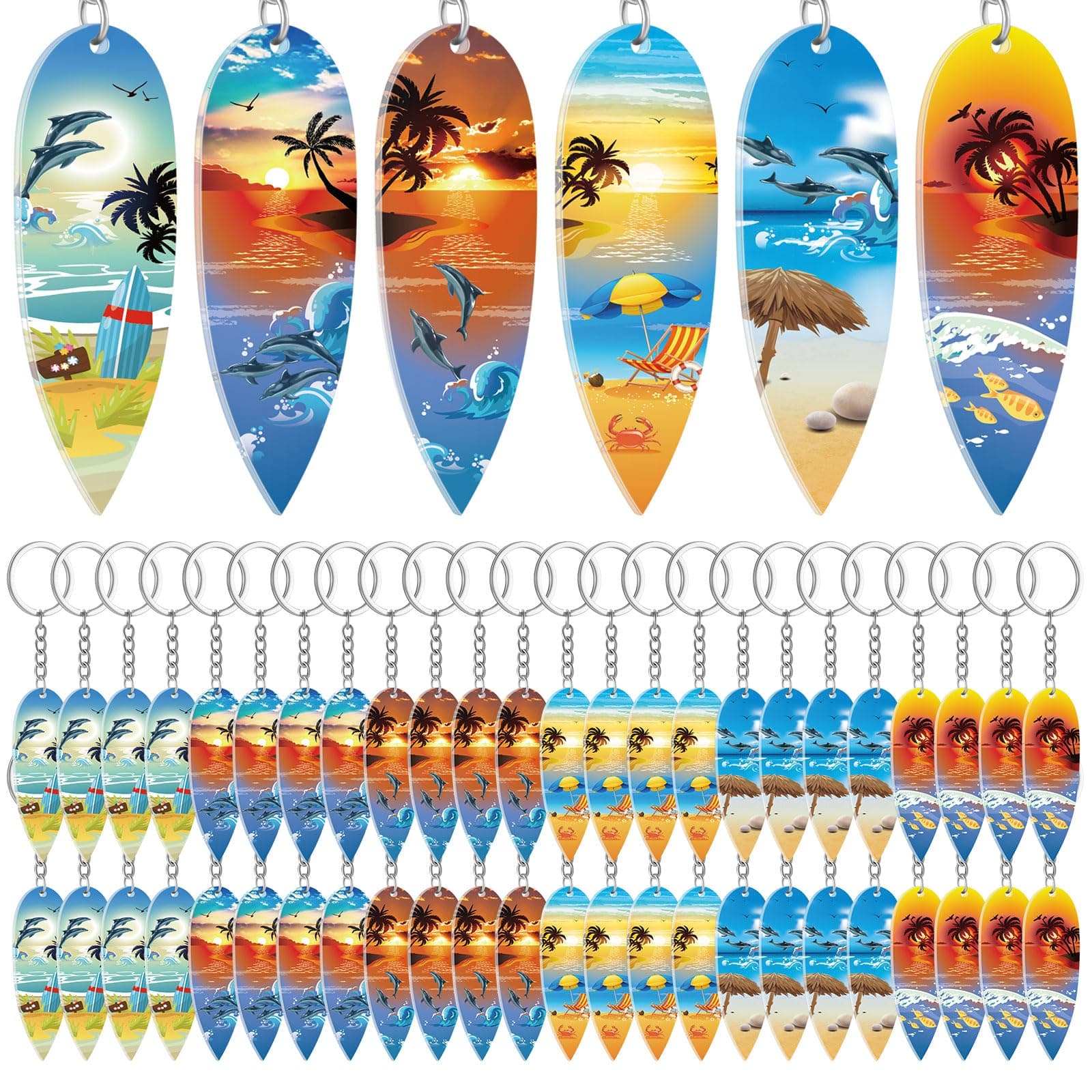 Henoyso 24 Pcs Beach Summer Party Favors Surfboard Keychains Gifts Bulk Acrylic Mini Surfboard Sea Turtle Coconut Tree Key Chains for Florida California Hawaiian Bahamas Souvenirs Supplies