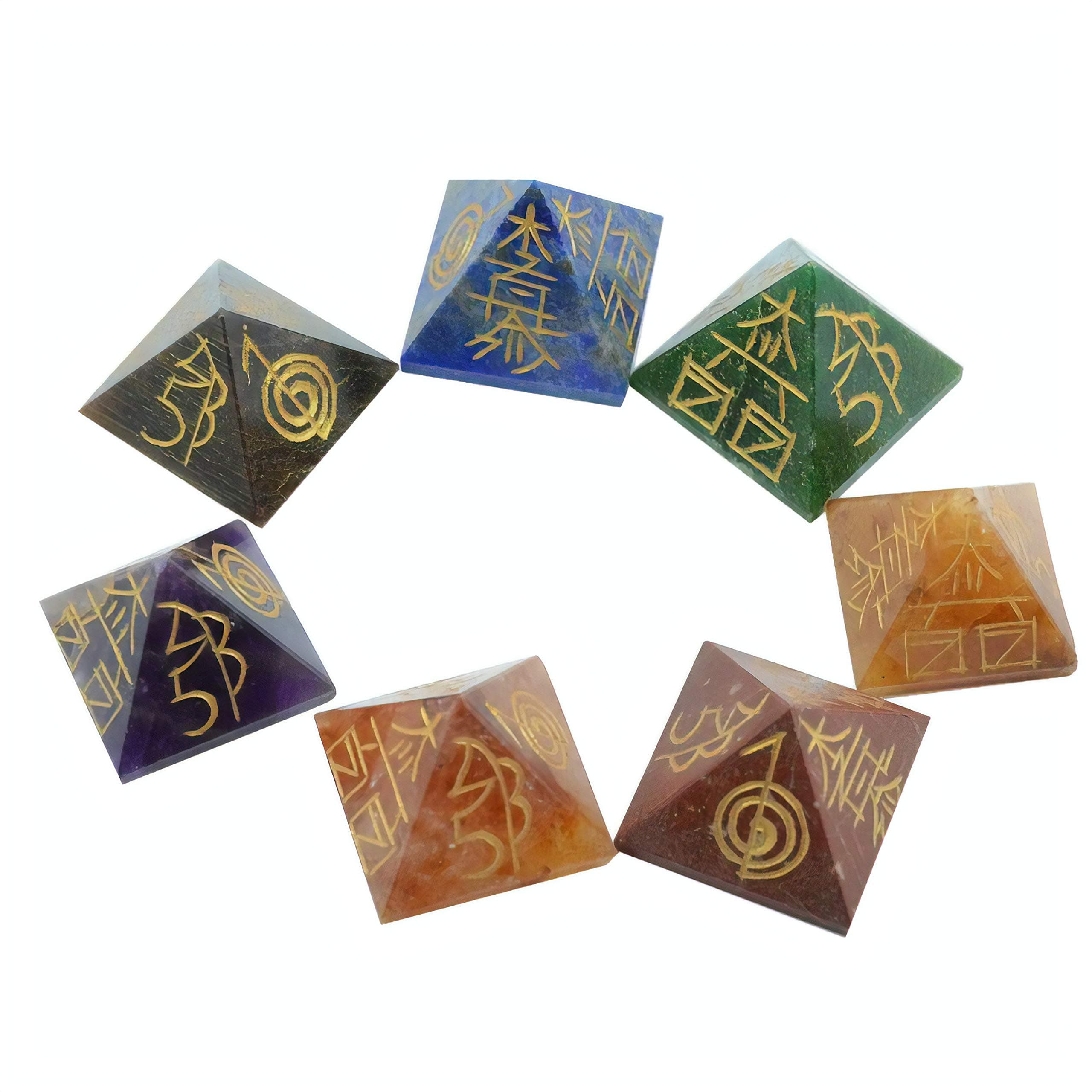 Dharohar Handicrafts Stone Pyramid Natural Gemstone Reiki Symbol Engraved Chakra Crystals Healing - Set of 7 Piece