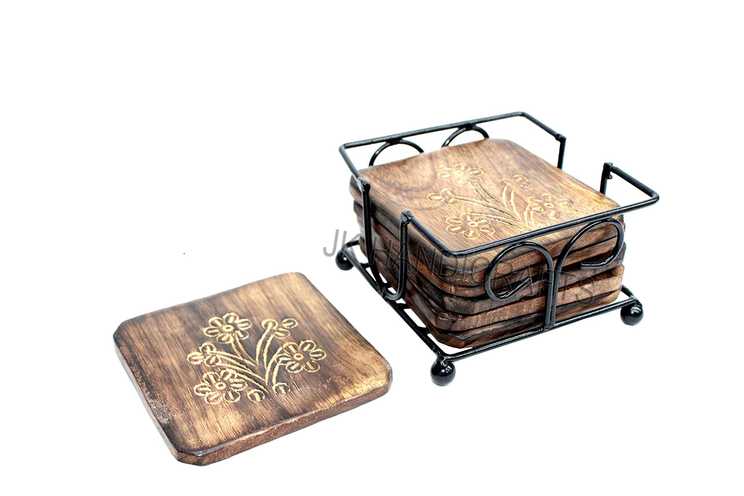 Coaster Set of 6 / Wooden Coaster with Wrought Iron Holder for Coffee Table/Kitchen/Dining Table/Beer Glass