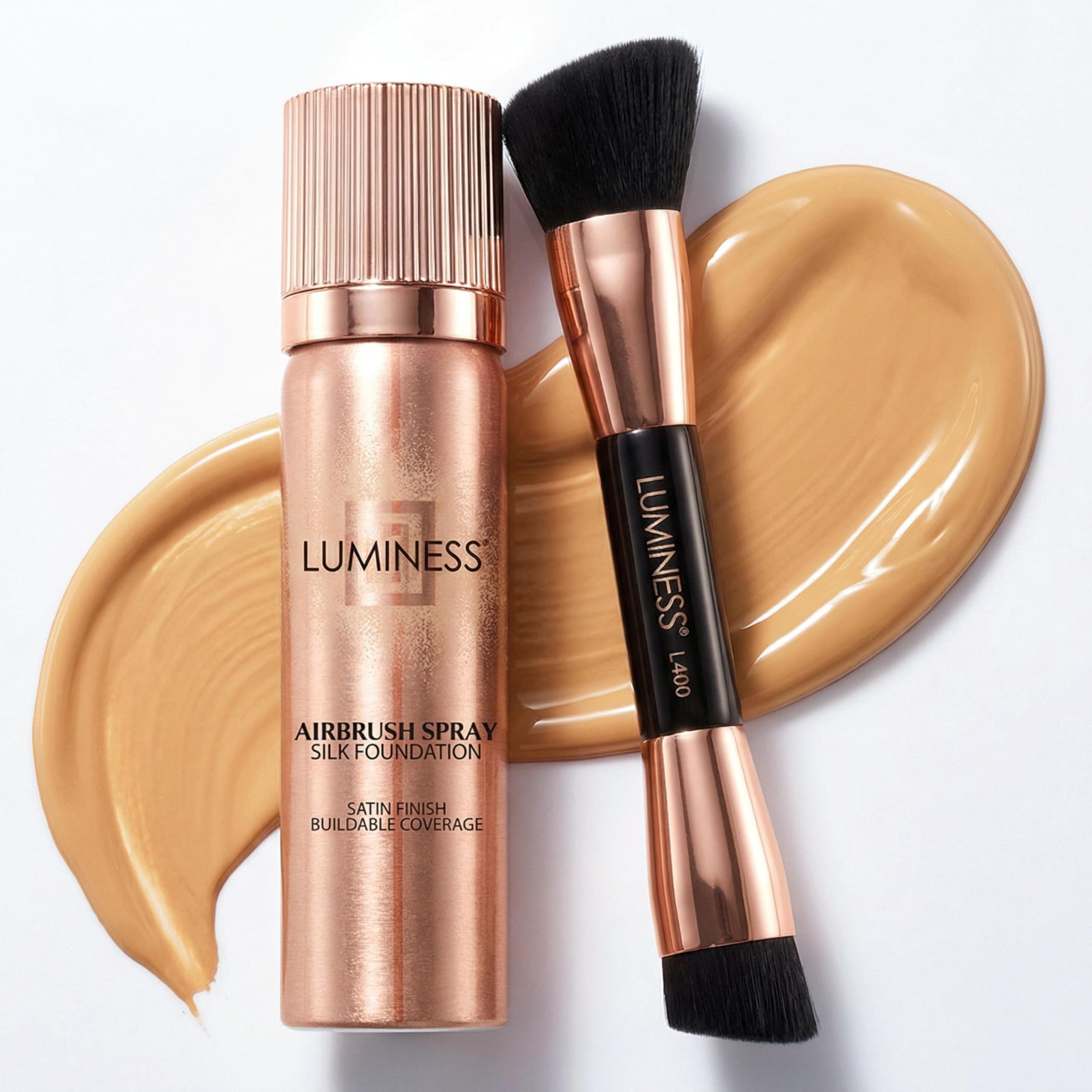 LUMINESS Silk Airbrush Spray Foundation & Buffing Brush Kit – Full Coverage Foundation & Dual-Sided Buffing Brush - Buildable Coverage, Anti-Aging Formula Hydrates & Moisturizes (Shade - Medium)