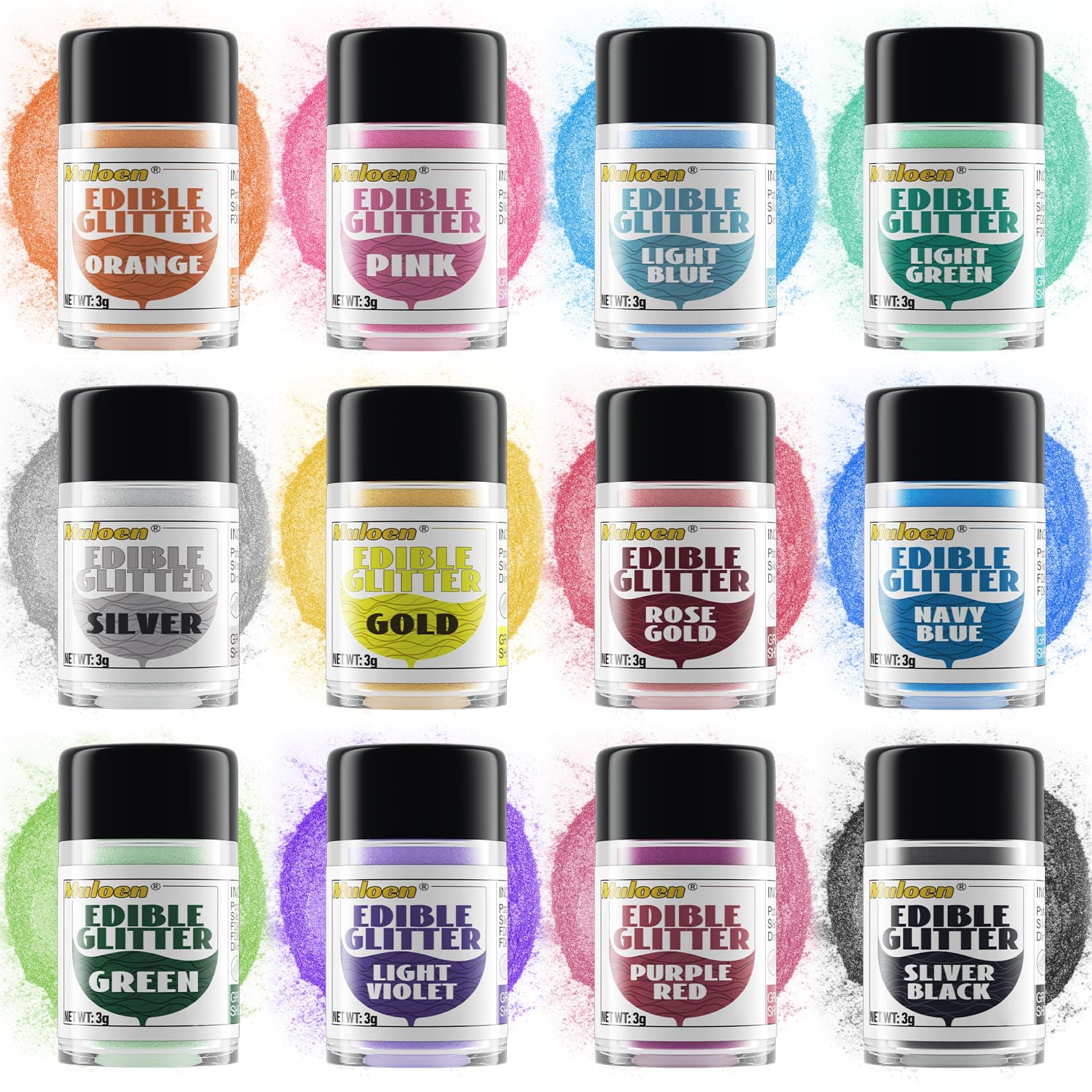 Edible Glitter, 12 Colors 100% Edible Glitter for Drinks, Cake Decorating Supplies, Cookie Decorating Supplies, Strawberries, Cookie, Cocktails, Chocolate, etc. Luster Dust Edible(3g per Bottle)