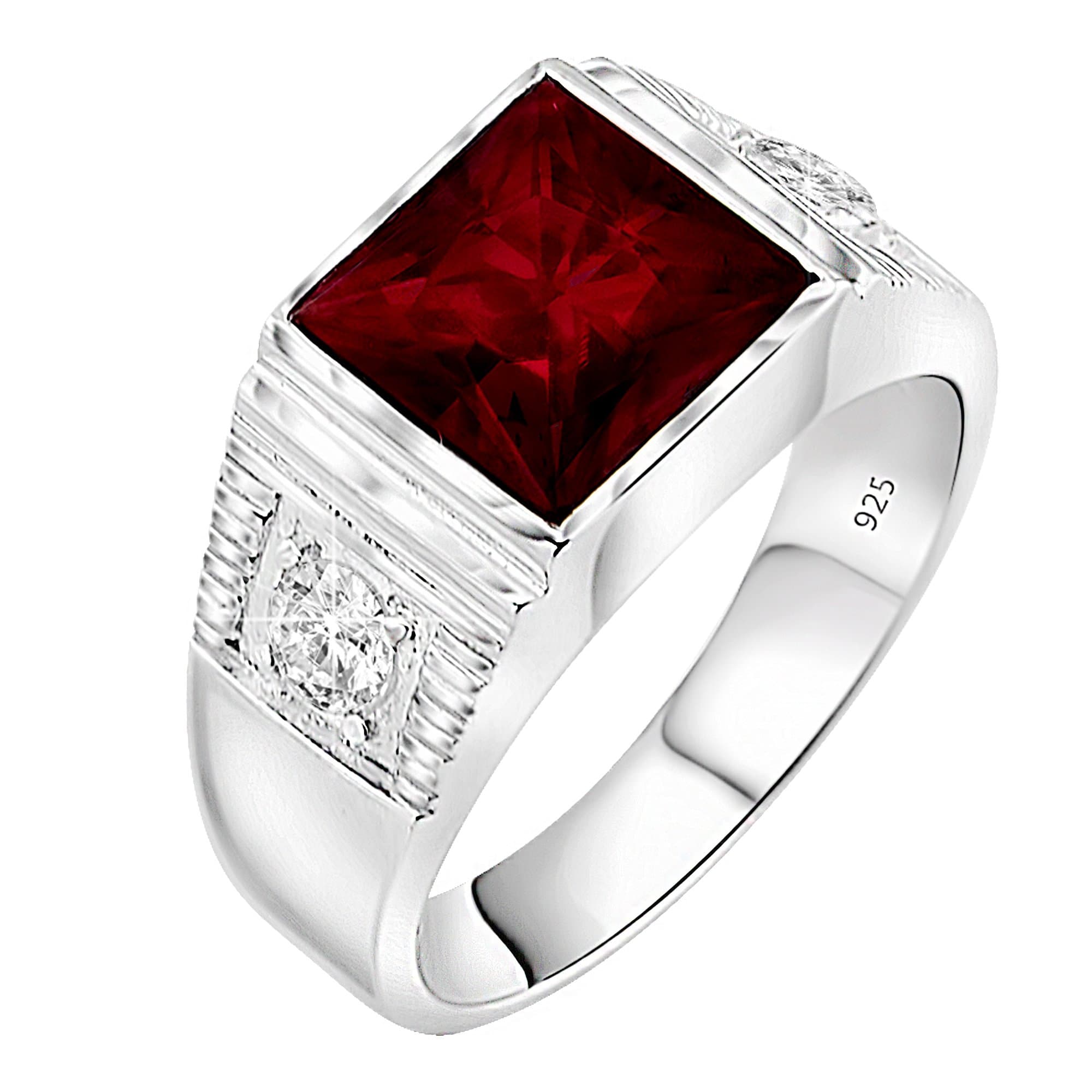 Men's Sterling Silver .925 Ring with Red Square Center Stone with Two White Cubic Zirconia (CZ) Stones, Platinum Plated. Holiday Christmas Collection