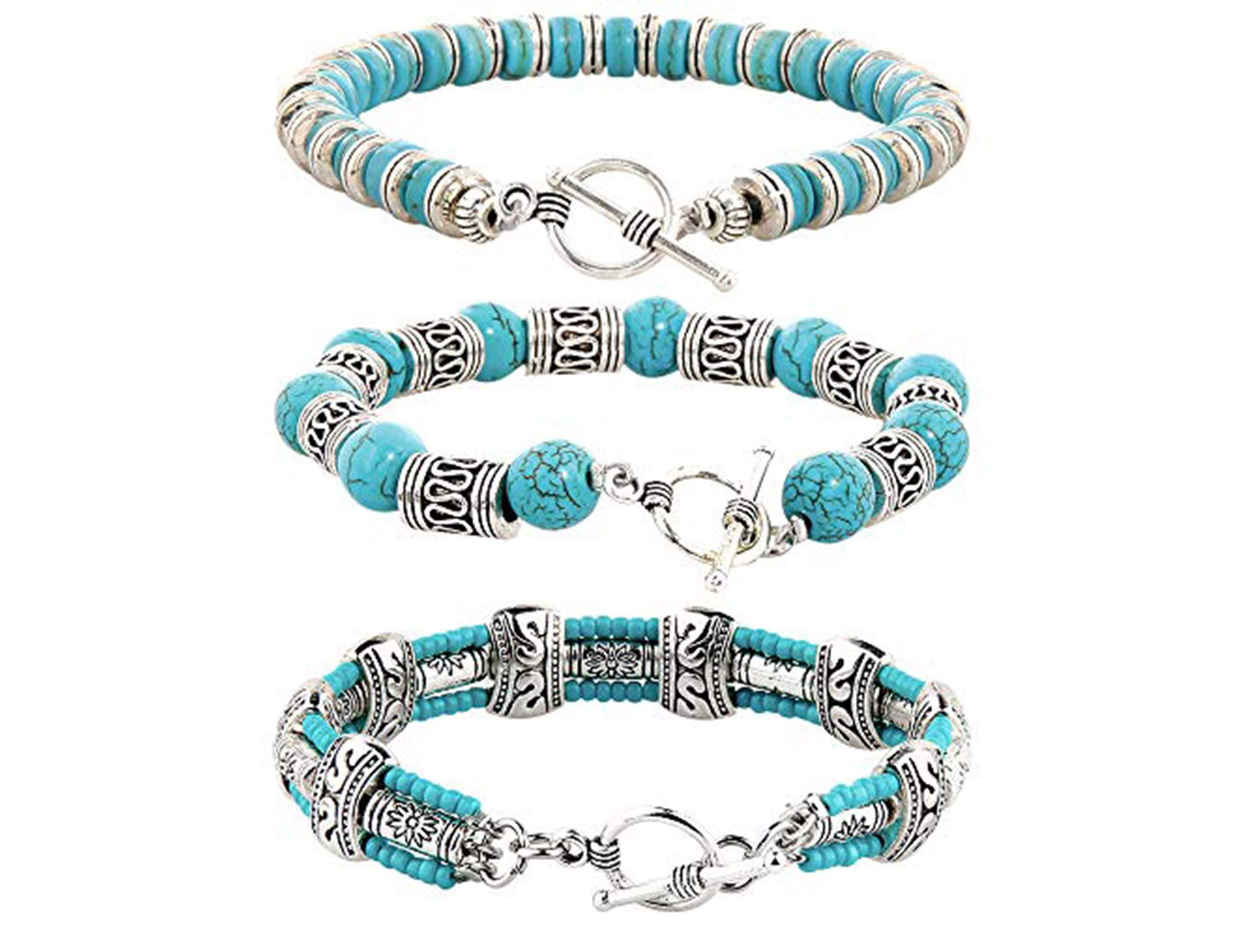 Helena Rose Boho Bracelet Set - Turquoise Blue Semi Precious Stones - 3 Bohemian Style Handmade Bangles Jewellery for Women - Tibetan Silver Style Girls Bracelet - Plus Jewellery Gift Box