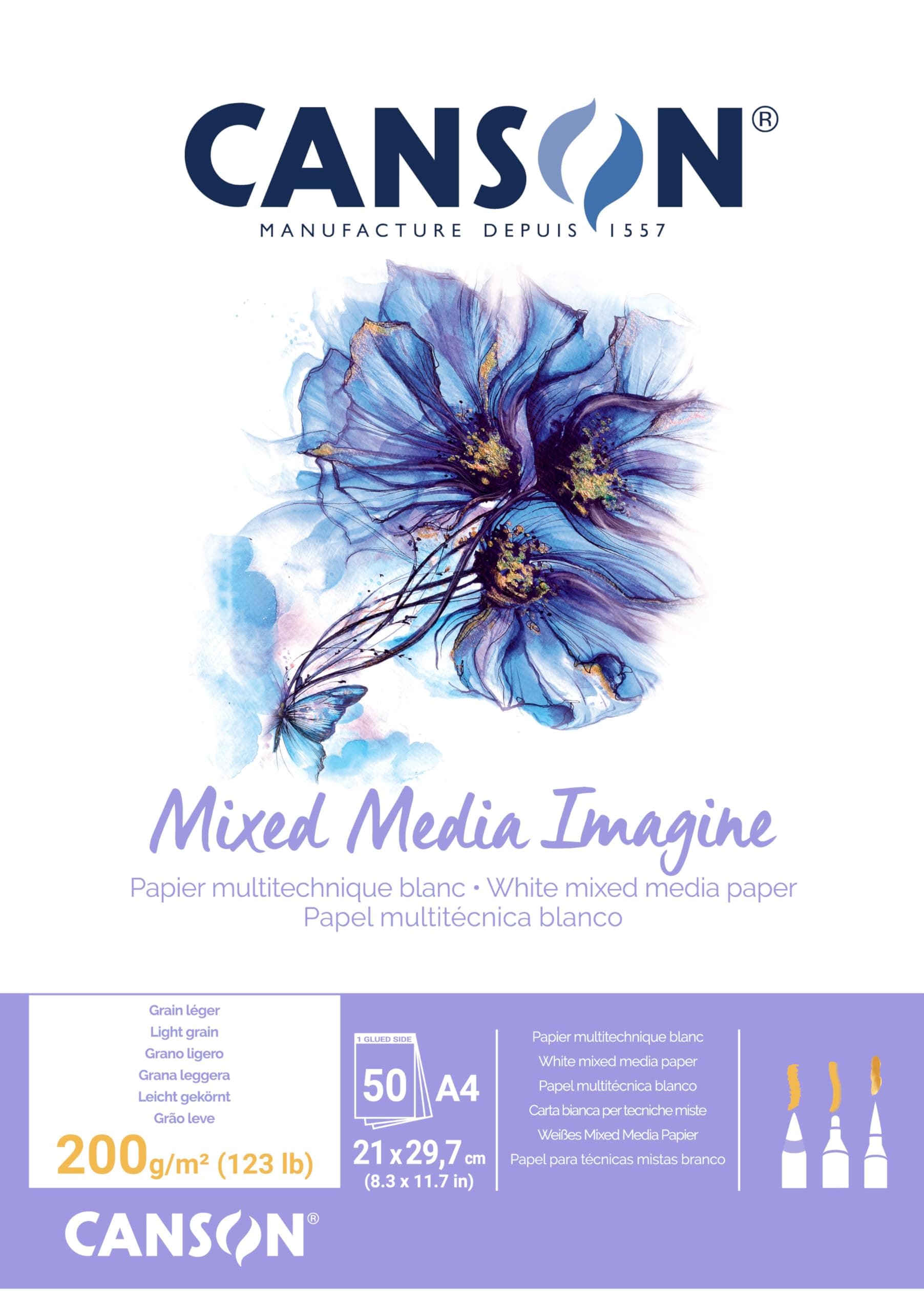 Imagine A4 200g White Mixed Media Paper Pad, Light Grain, Markers, Brushes, Felt Tip-Pens, For Professional Artists & Illustrators