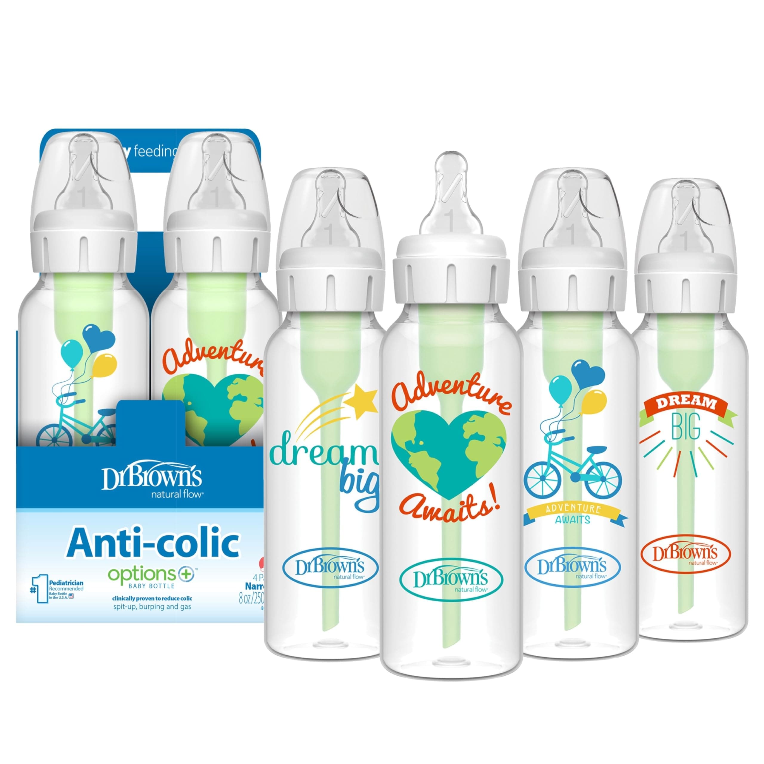 Dr. Brown’s Natural Flow® Anti-Colic Options+™ Narrow Baby Bottles 8 oz/250 mL, with Level 1 Slow Flow, 4 Pack, Dream Adventure, 0m+