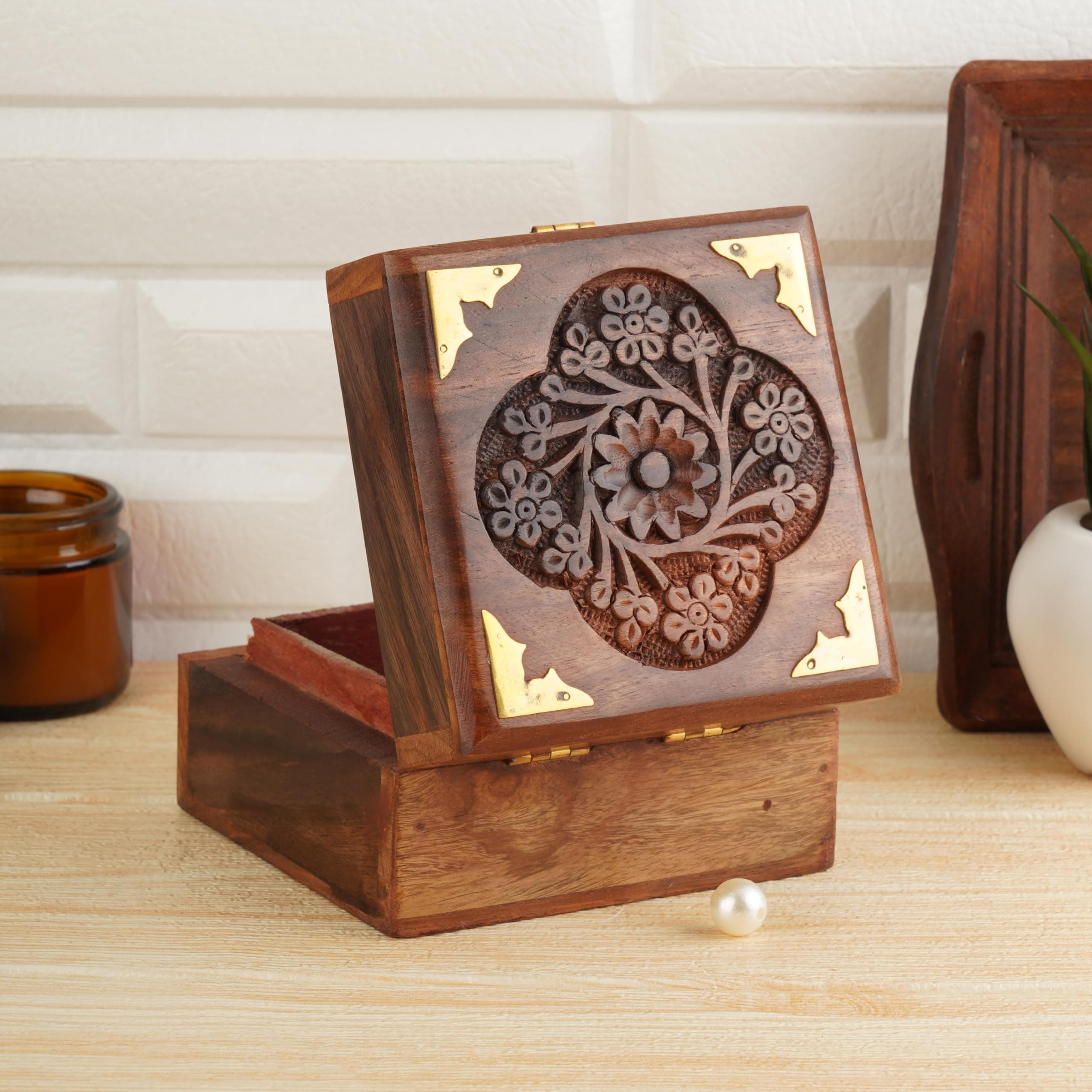 Fine Rosewood Jewelry Trinket Box Keepsake Organizer Handcrafted with Floral Carvings, 4 x 4 inches