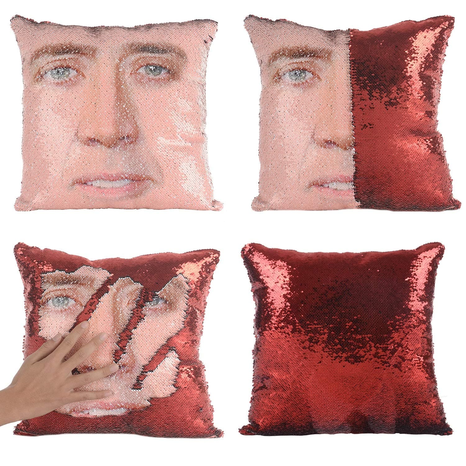 ROZKITCH Sequin Home Decor Pillow Cover Nicolas Cage Pattern Throw Pillow Case Sofa Cushion Cover 15.7?15.7?Magic Reversible Sequin Pillowcase Mermaid Cage#1-Red(Cover Only)
