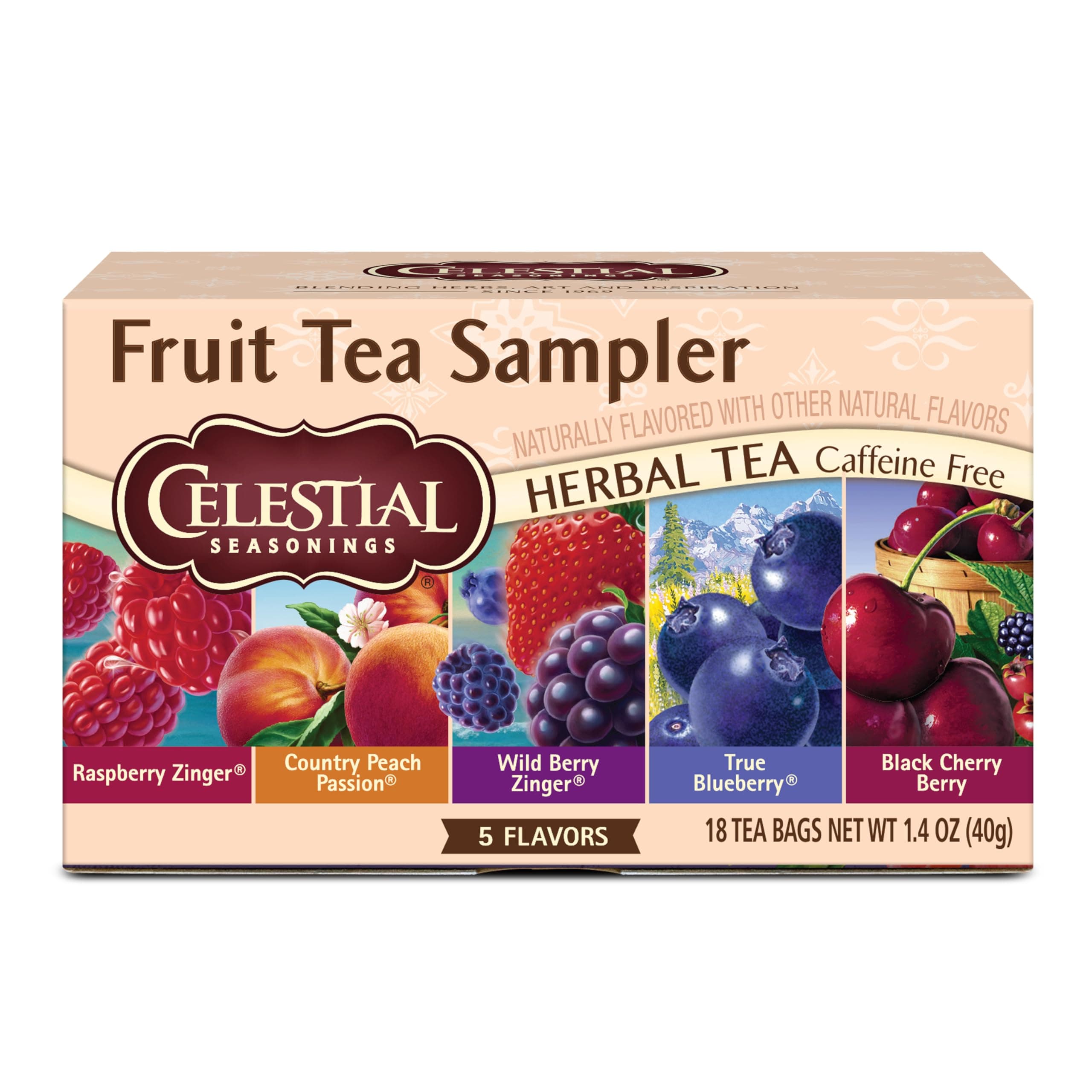 Herbal Tea Fruit Sampler Pack | Raspberry Zinger, Wild Berry Zinger, True Blueberry, Black Cherry Berry & Country Peach Passion | Caffeine Free | 18 Tea Bags