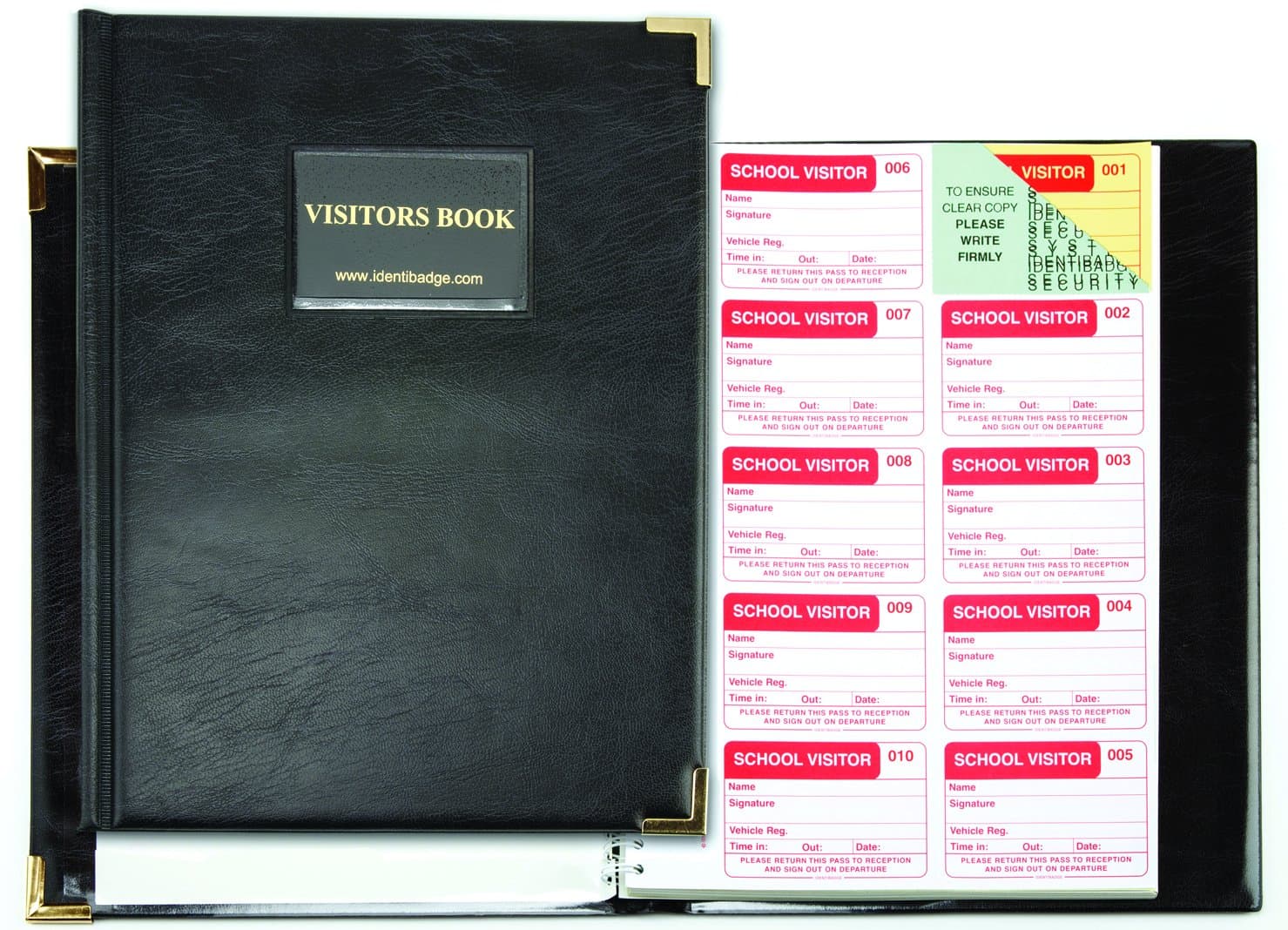 IDENTIBADGE School Visitors Book GDPR Compliant Log in and Out Book 300 Inserts with Binder and 10 Badges