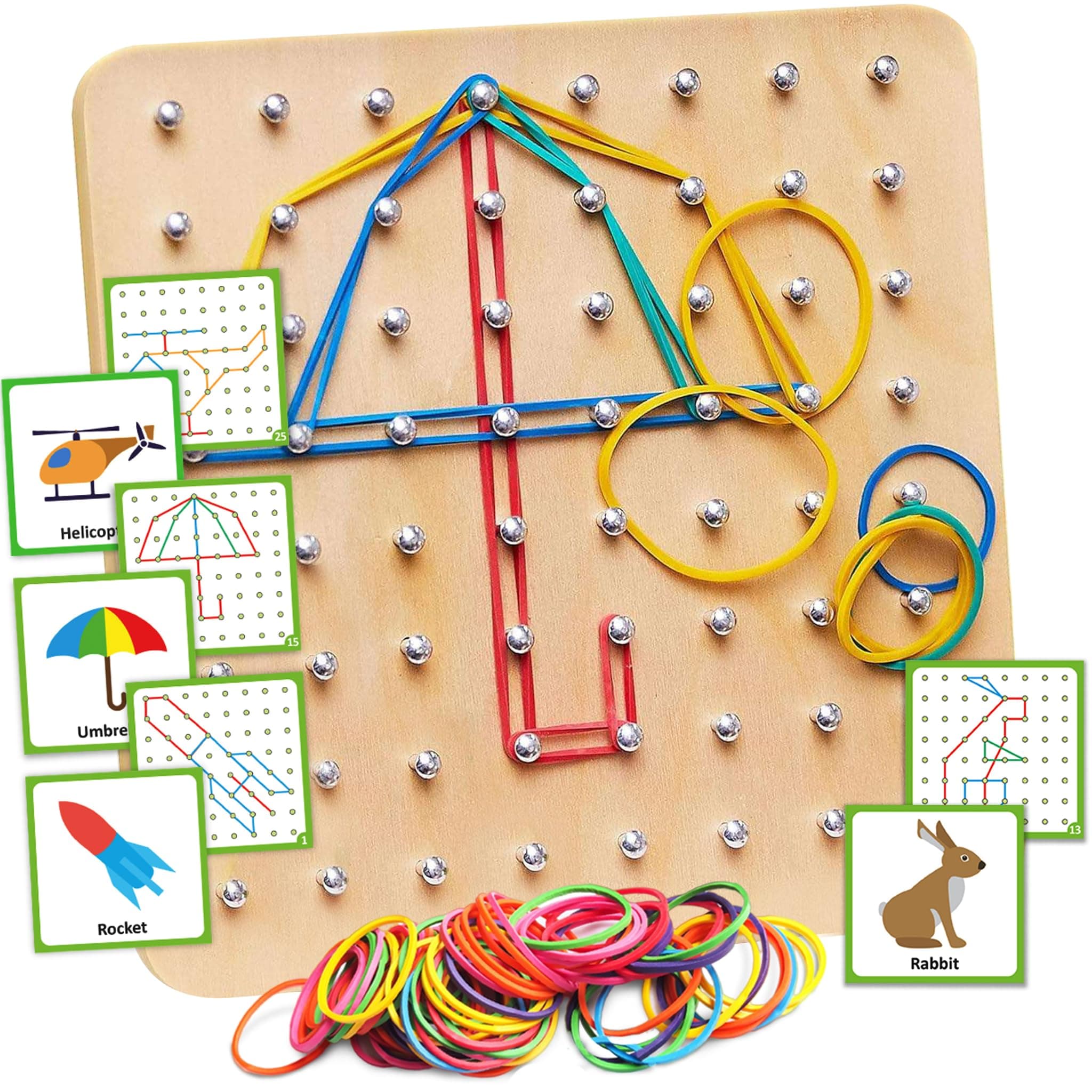 Wooden Geoboard - Montessori Toys for 3 4 5 Year Old Kids and Toddlers, Educational Toy with 30 Pattern Cards and 40 Rubber Bands to Create Figures, Brain Teaser STEM Toy Geo Board