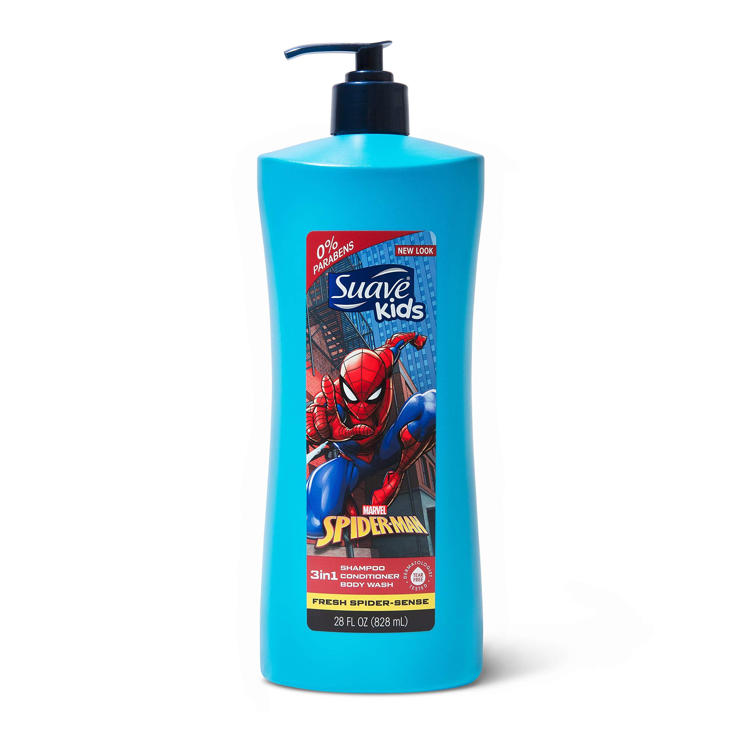 Suave Kids 3 in 1 Shampoo Conditioner Body Wash For Tear-Free Bath Time, Fresh Spider-Sense, Dermatologist-Tested Kids Shampoo 3 in 1 Formula 28 oz