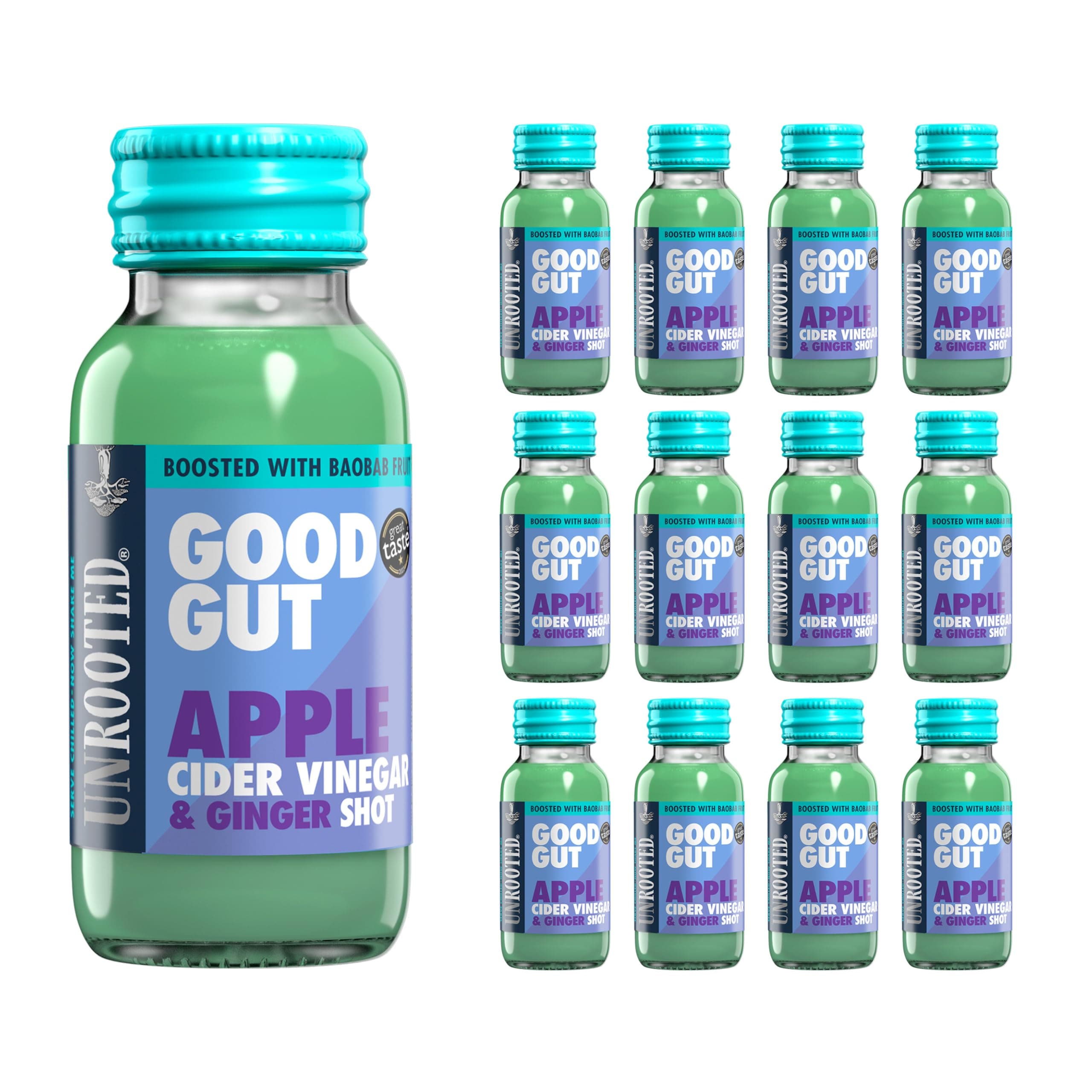 GOOD GUT Apple Cider Vinegar, Ginger & Baobab Gut Health Shots – Detox & Anti Inflammation, Boosted with Spirulina, Coconut Water & Baobab, Daily Shot Multipack 12 x 60ml Bottles