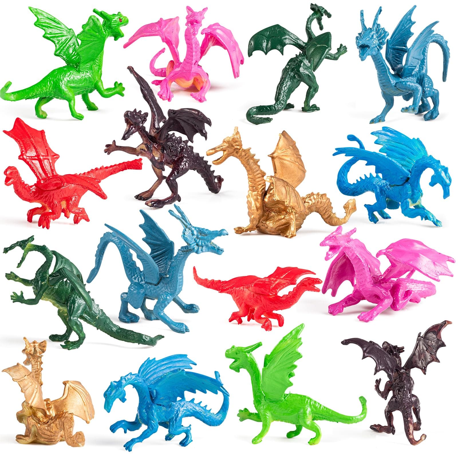 Mini Dragon Toy Figures - (Pack of 36) 5cm (2in) Plastic Rubbery Dragon Figurines in Assorted Colours & Styles - Party Favours, Cupcake Toppers, Decorations & Piñatas