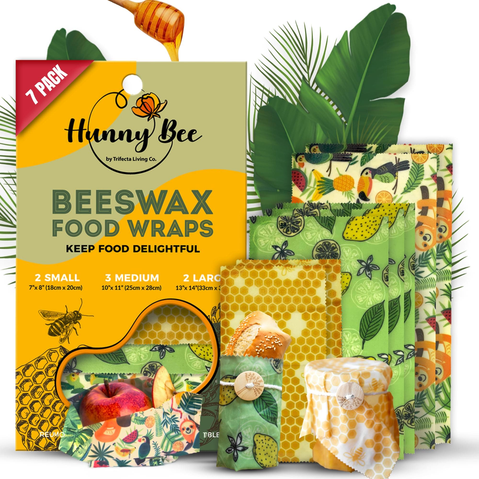 Trifecta Living Co. Versatile Beeswax Wraps,Set of 7-Fresh Food Keeper, Durable & Easily Cleaned, Sustainable Step Towards a Zero-Waste Kitchen, Unique Designs (Honeycomb, Lemon, Tropical Animals)