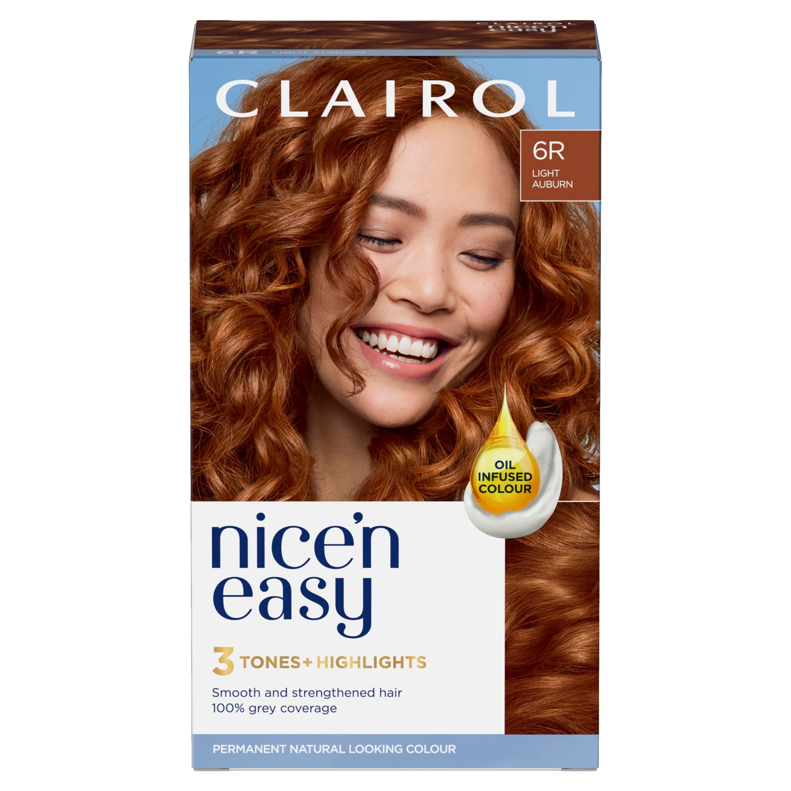 Nice'n Easy Crème, Natural Looking Oil Infused Permanent Hair Dye, 6R Light Auburn, Packaging May Vary